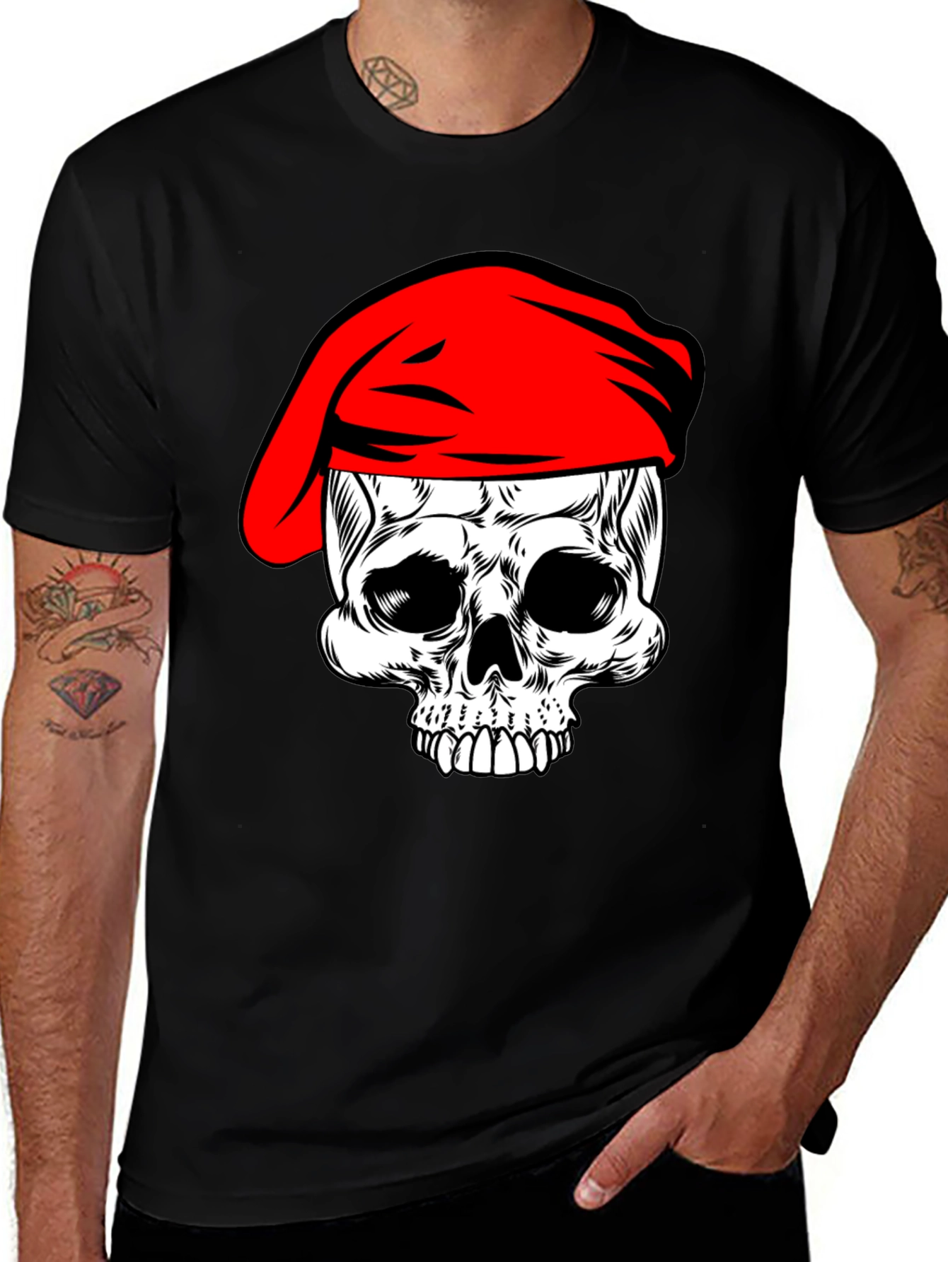 Skull with Red Beret T-Shirt - Black