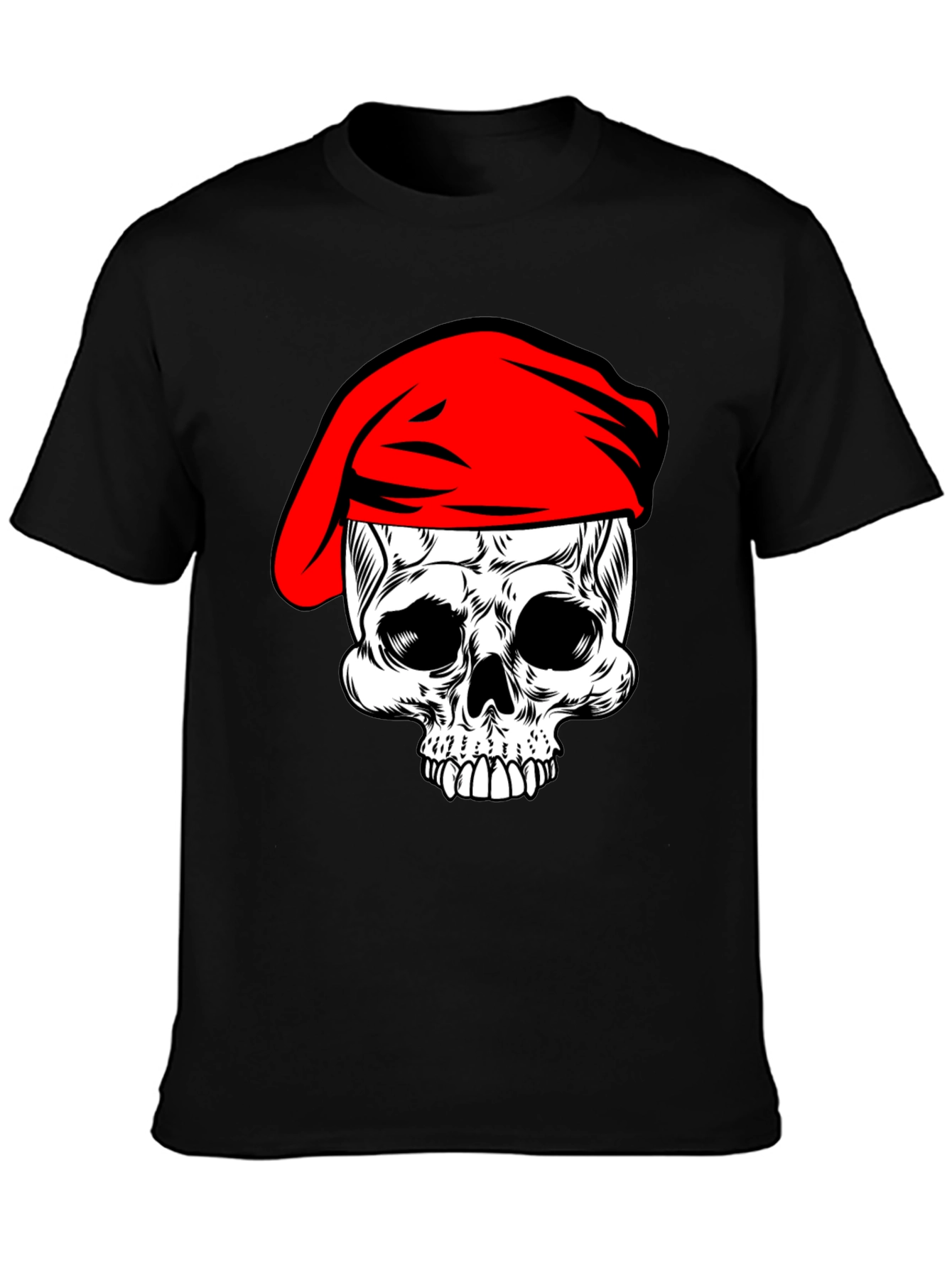 Skull with Red Beret T-Shirt - Black