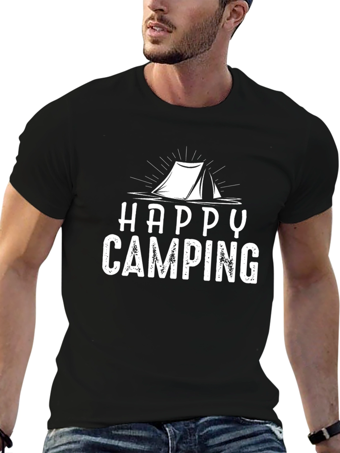 Happy Camping Graphic Tee - Black Cotton Shirt