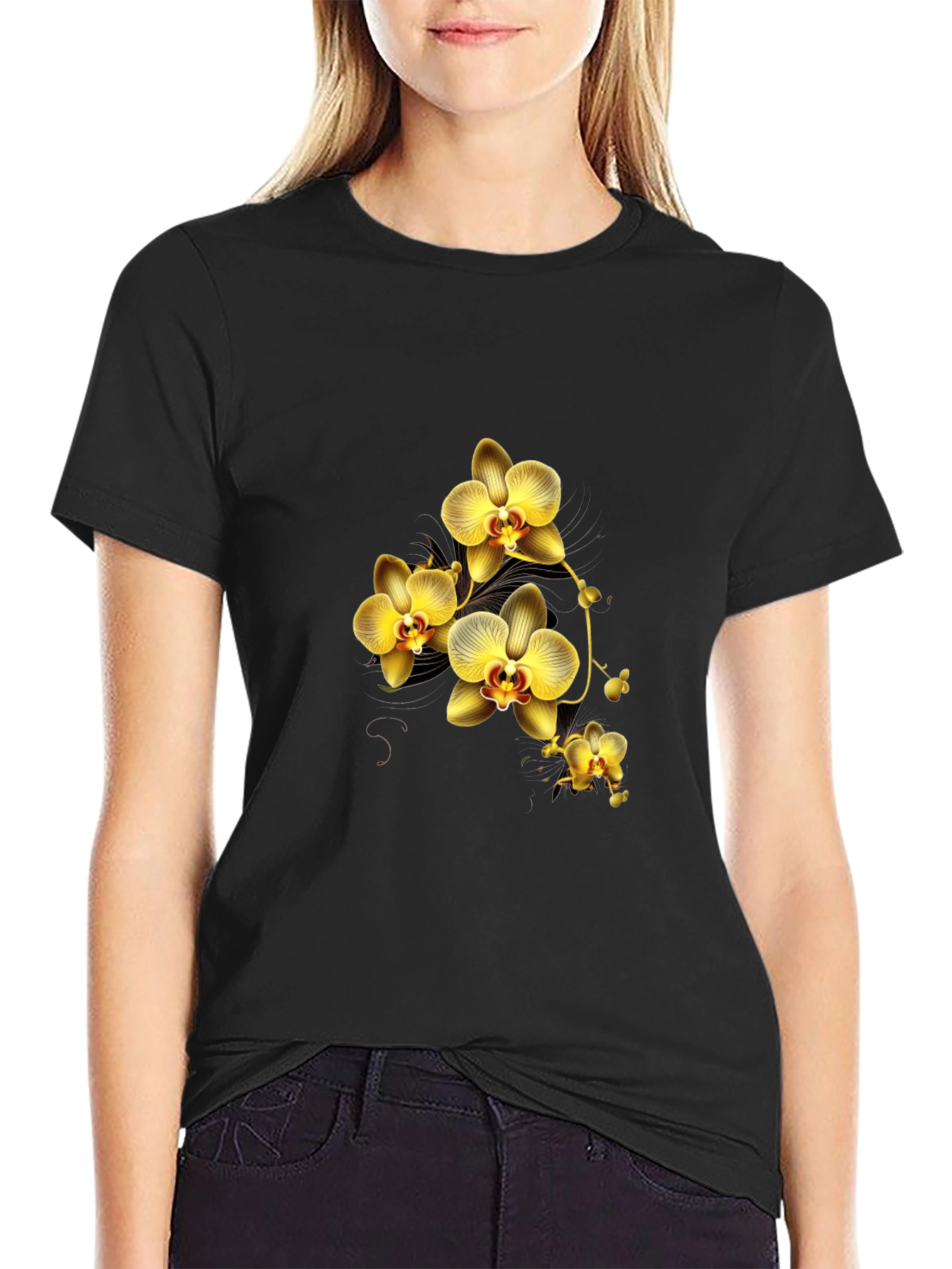 Black T-Shirt with Golden Orchid Design