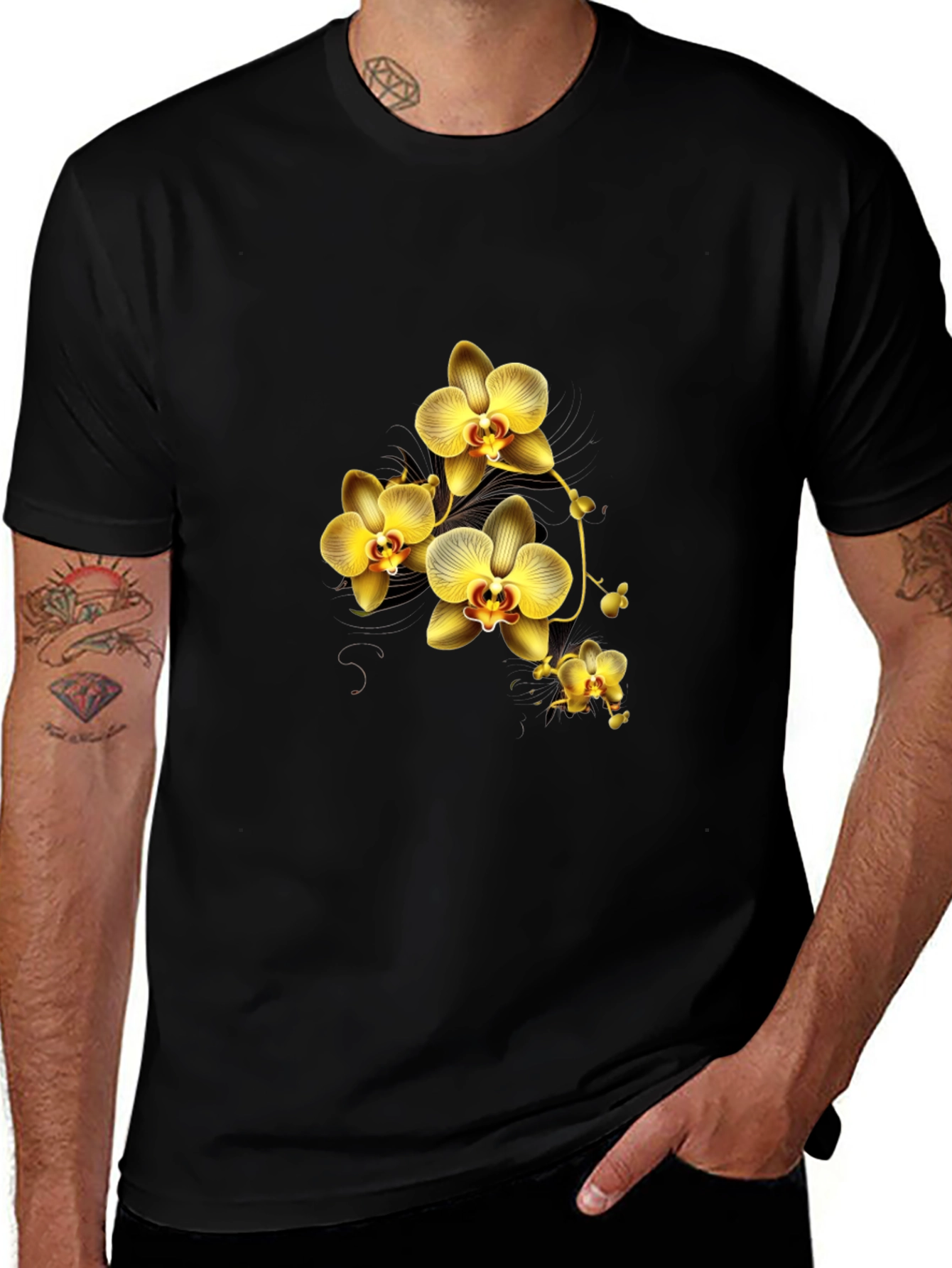 Black T-Shirt with Golden Orchid Design