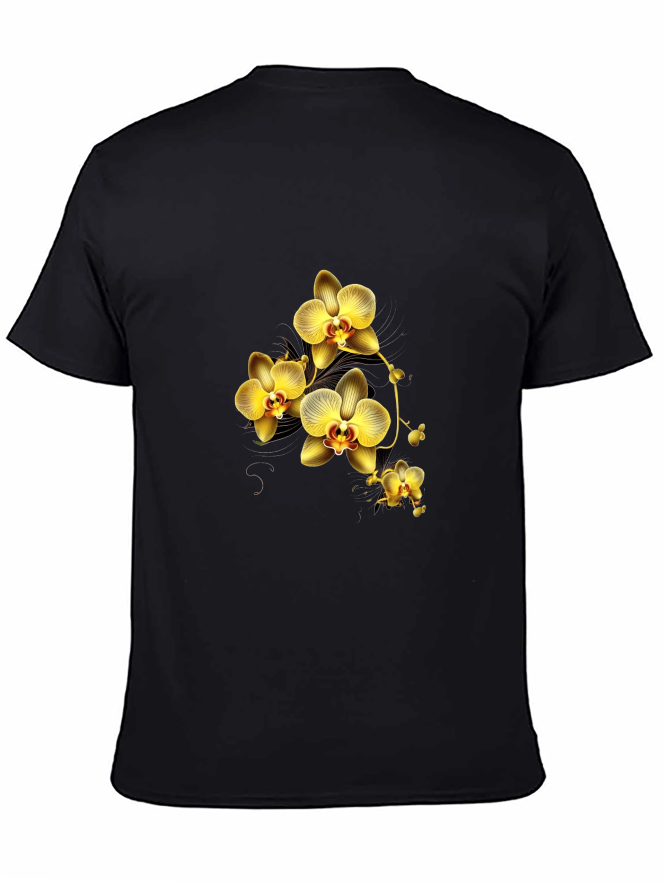 Black T-Shirt with Golden Orchid Design