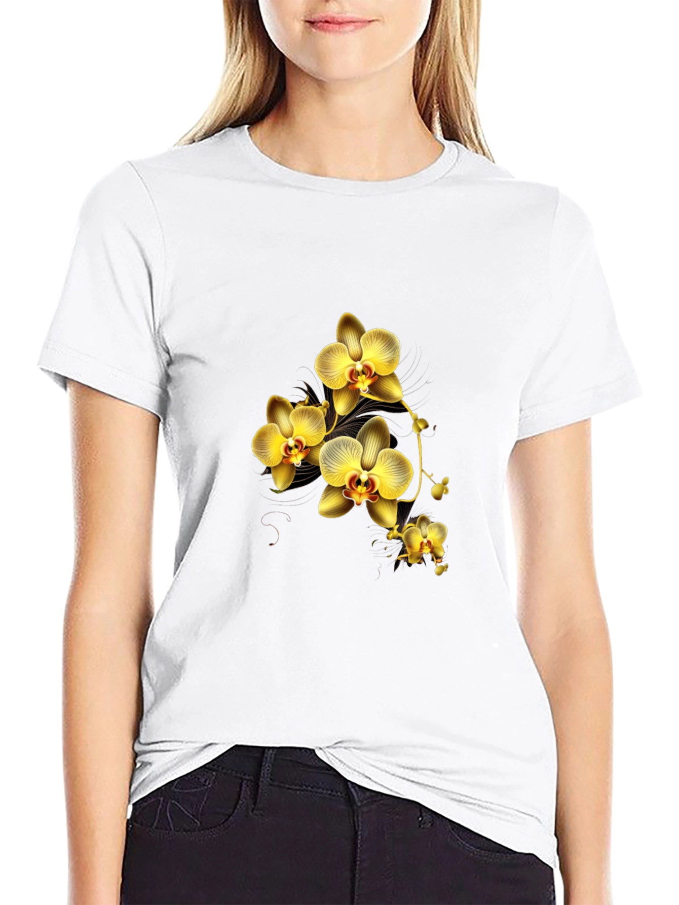 Black T-Shirt with Golden Orchid Design