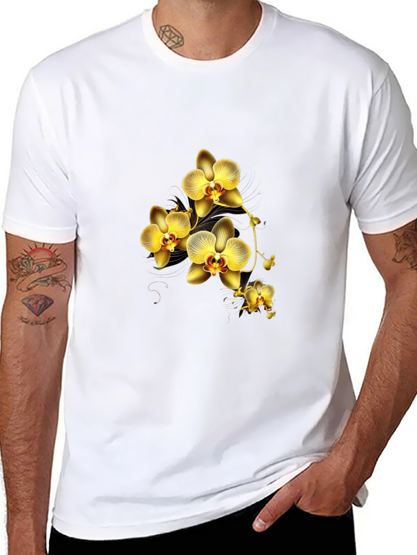 Black T-Shirt with Golden Orchid Design
