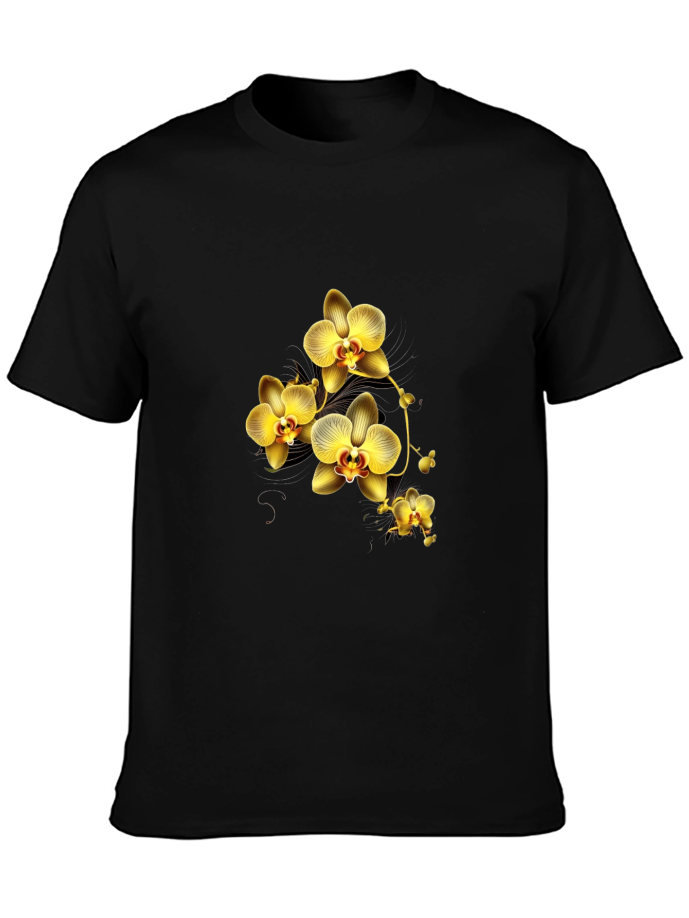 Black T-Shirt with Golden Orchid Design