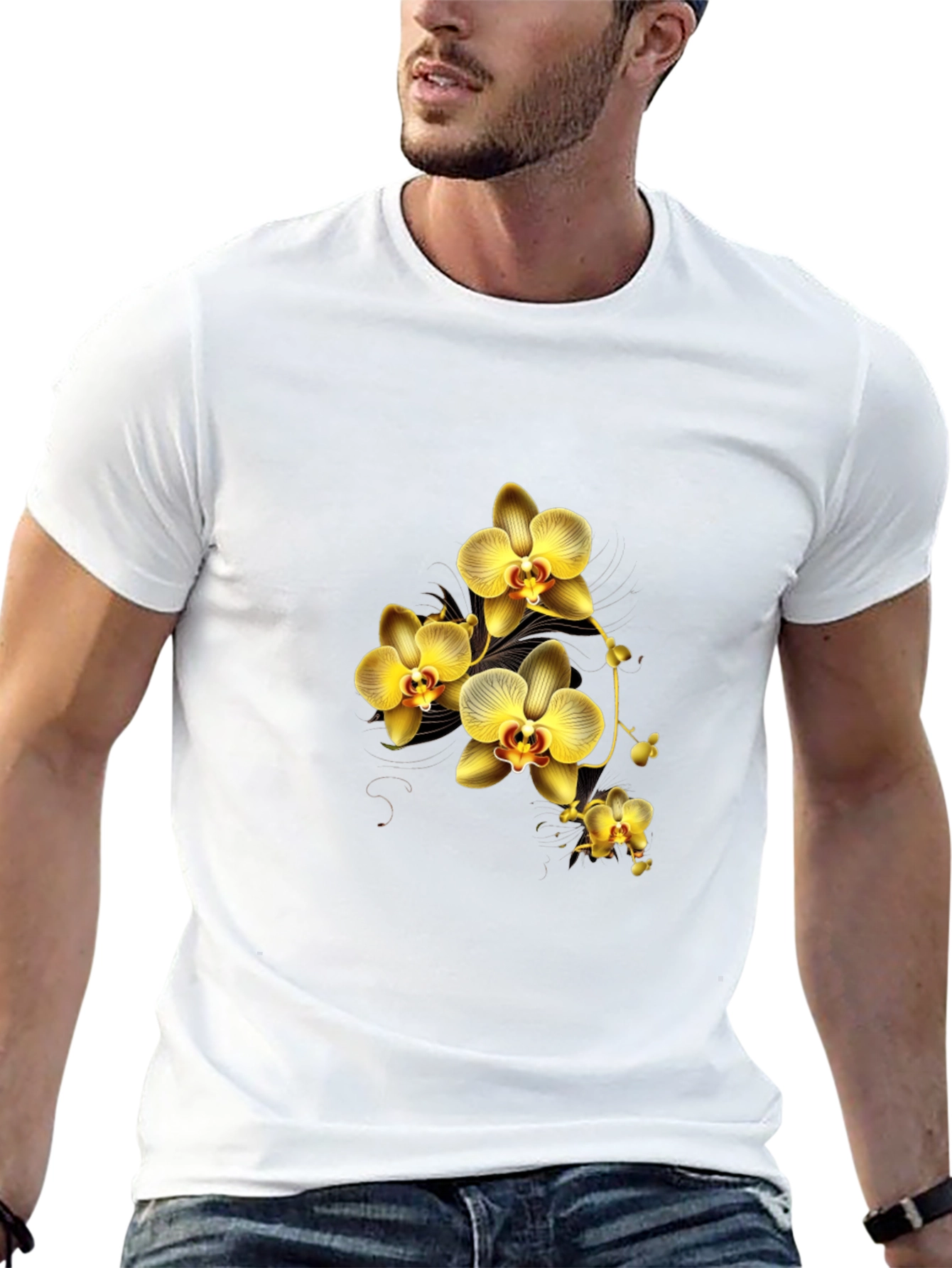 Black T-Shirt with Golden Orchid Design