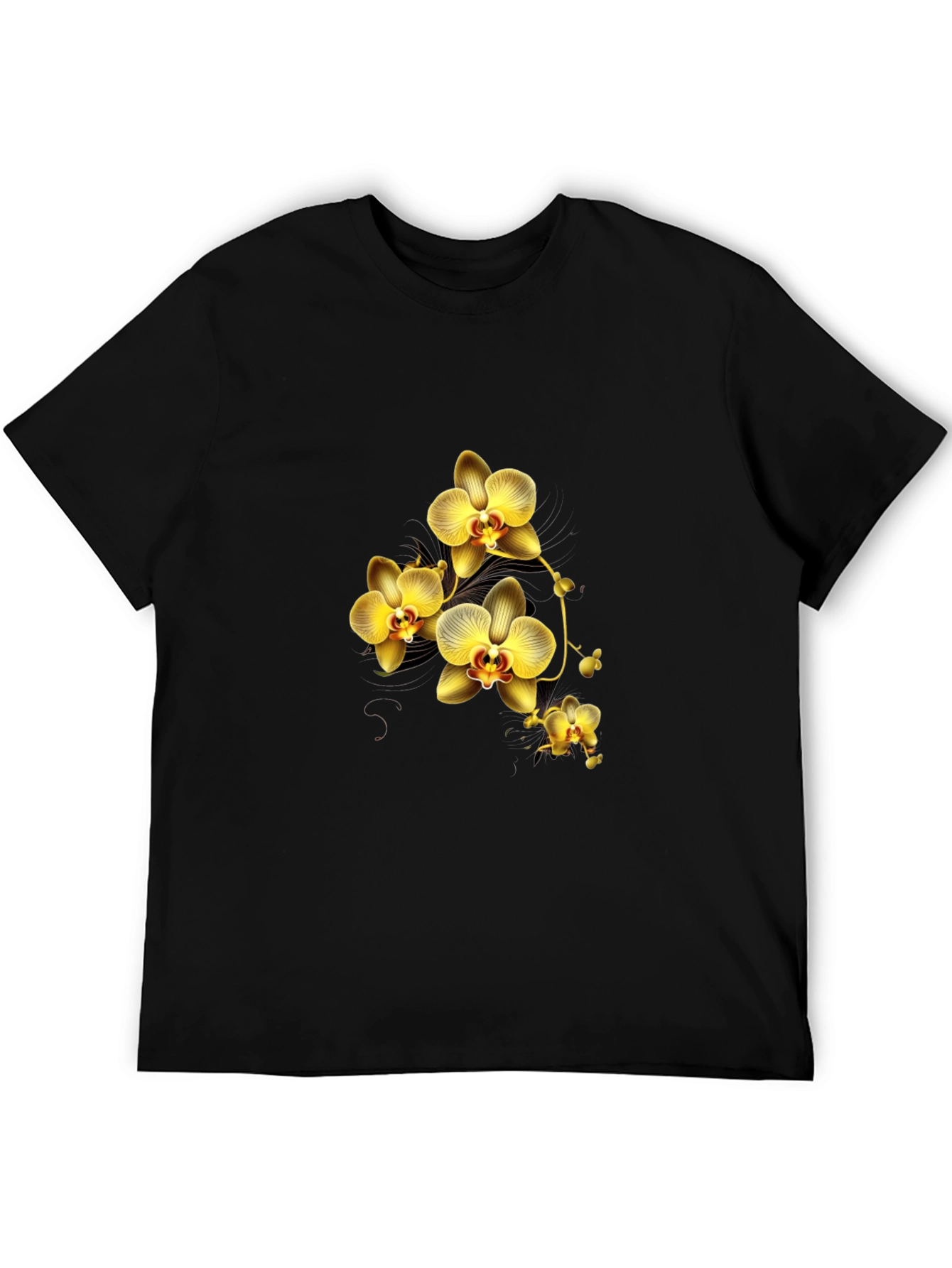 Black T-Shirt with Golden Orchid Design