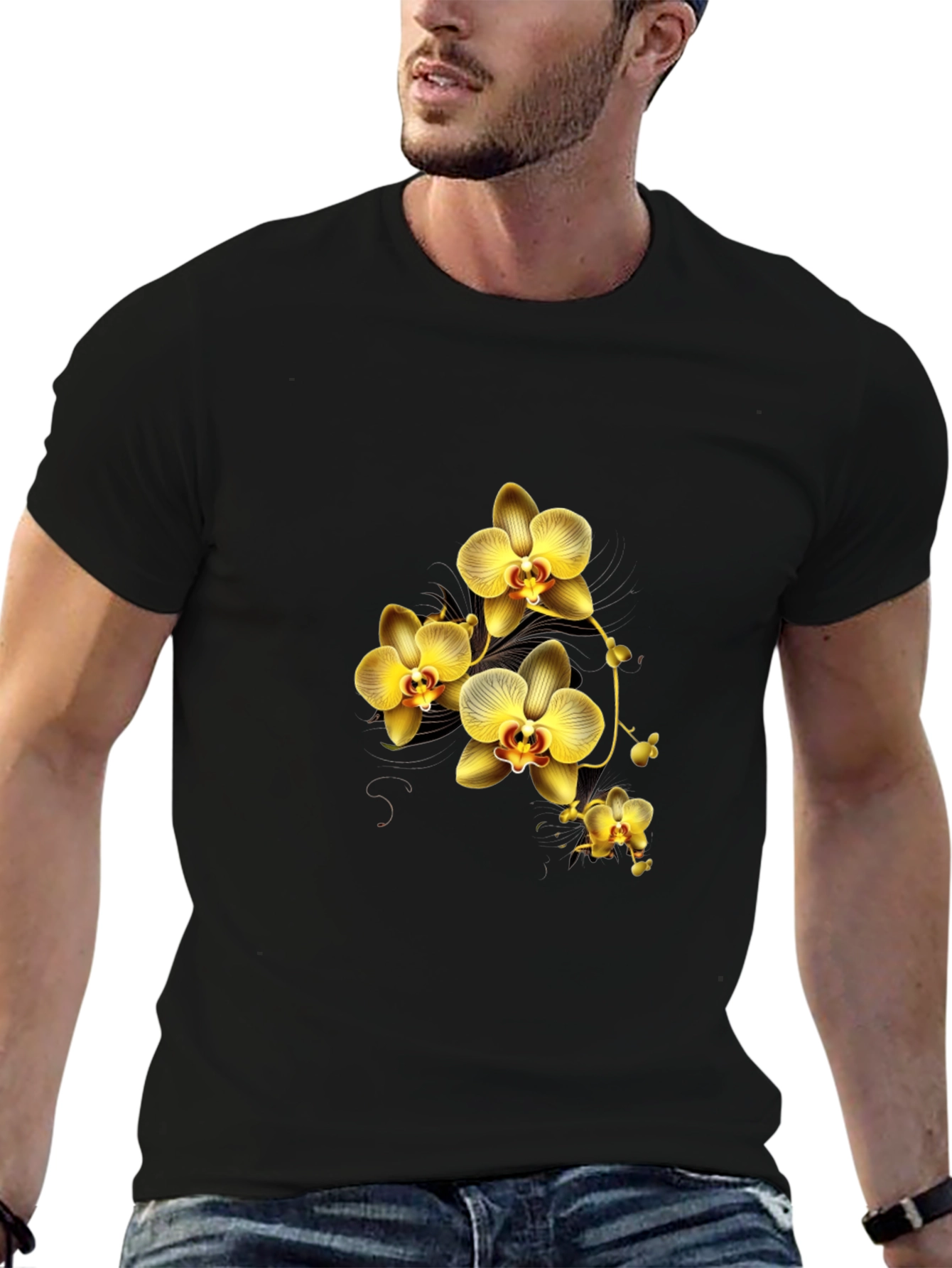 Black T-Shirt with Golden Orchid Design