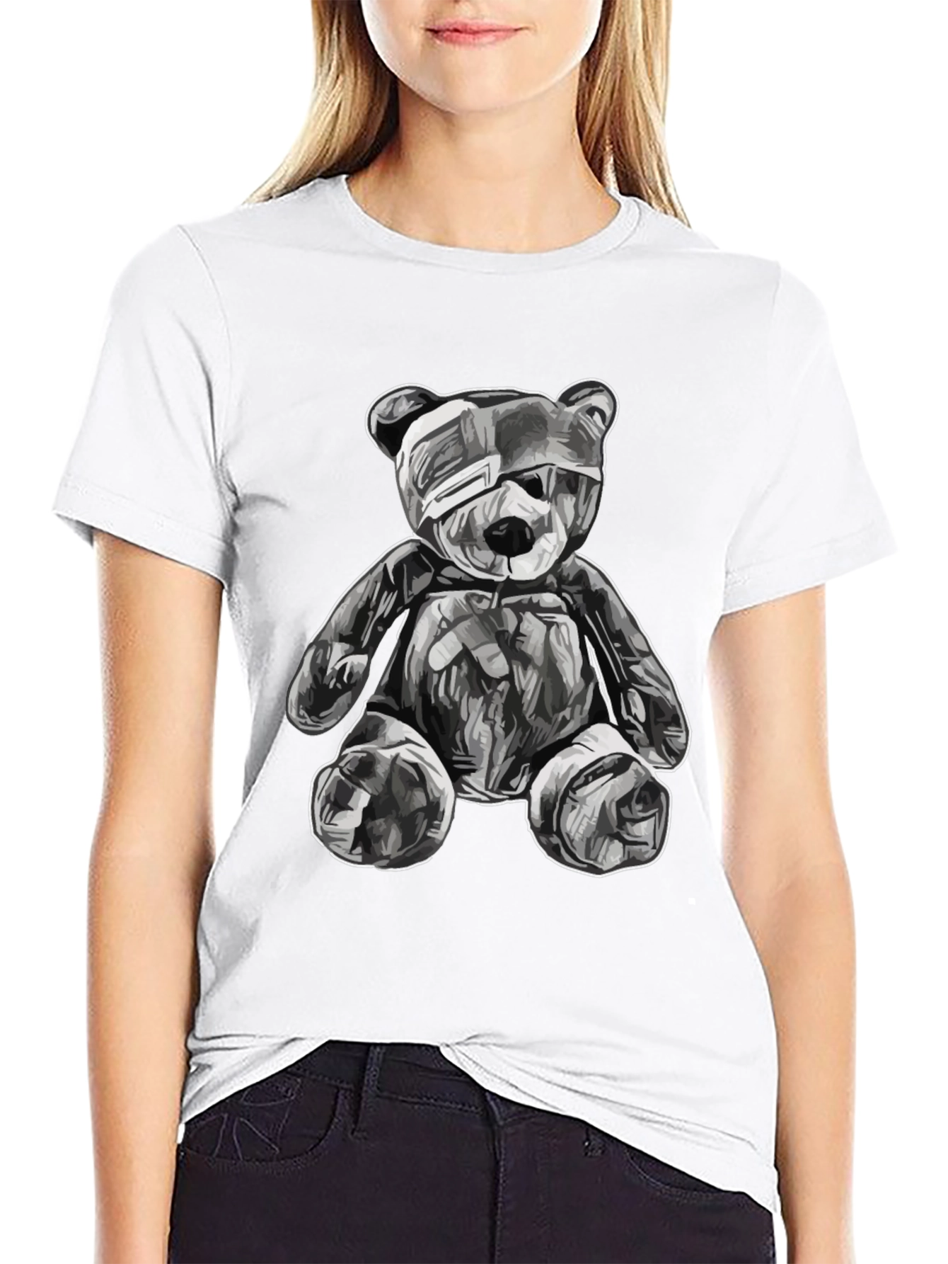 Black T-Shirt with Graphic Teddy Bear Design
