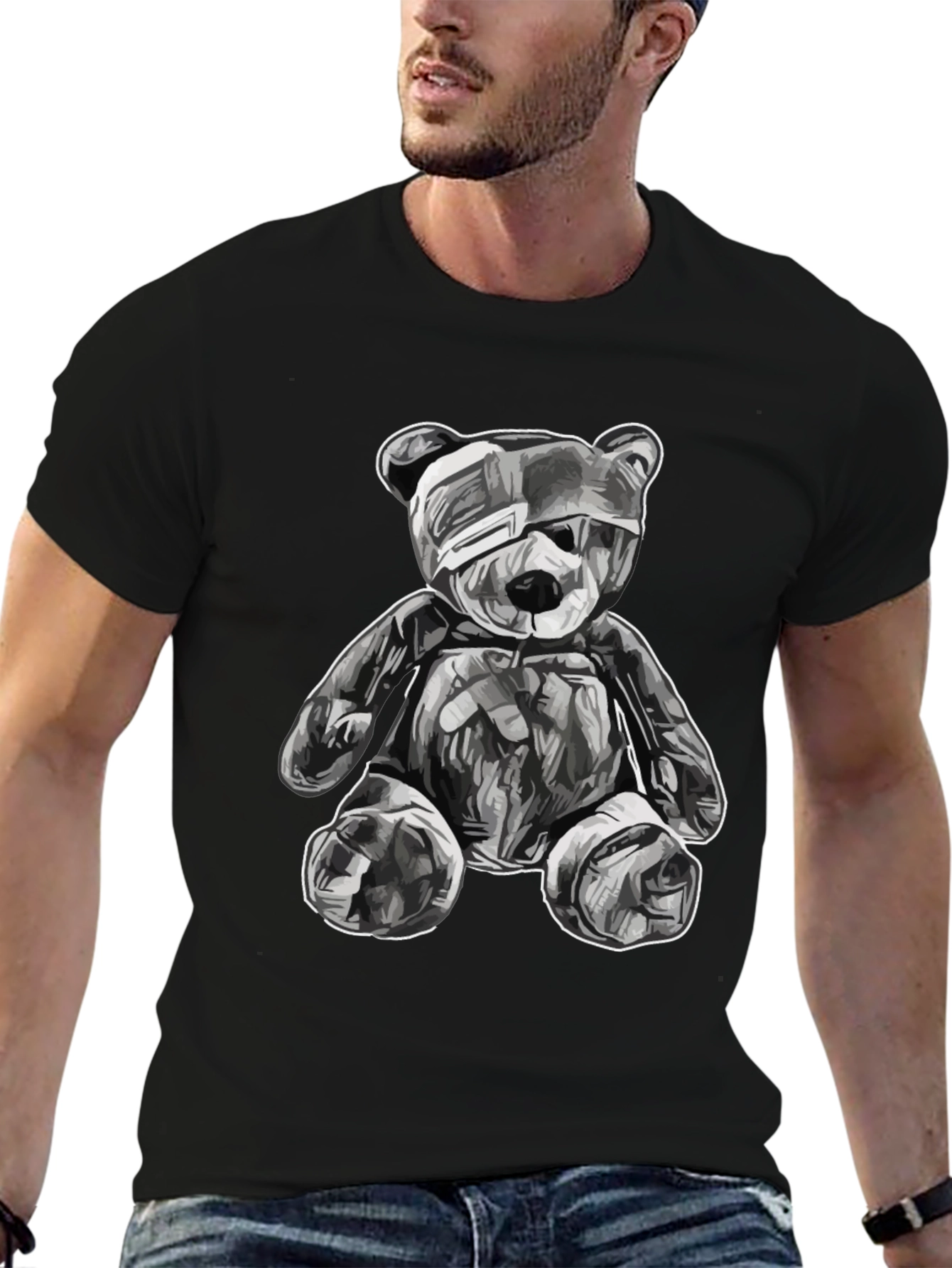 Black T-Shirt with Graphic Teddy Bear Design