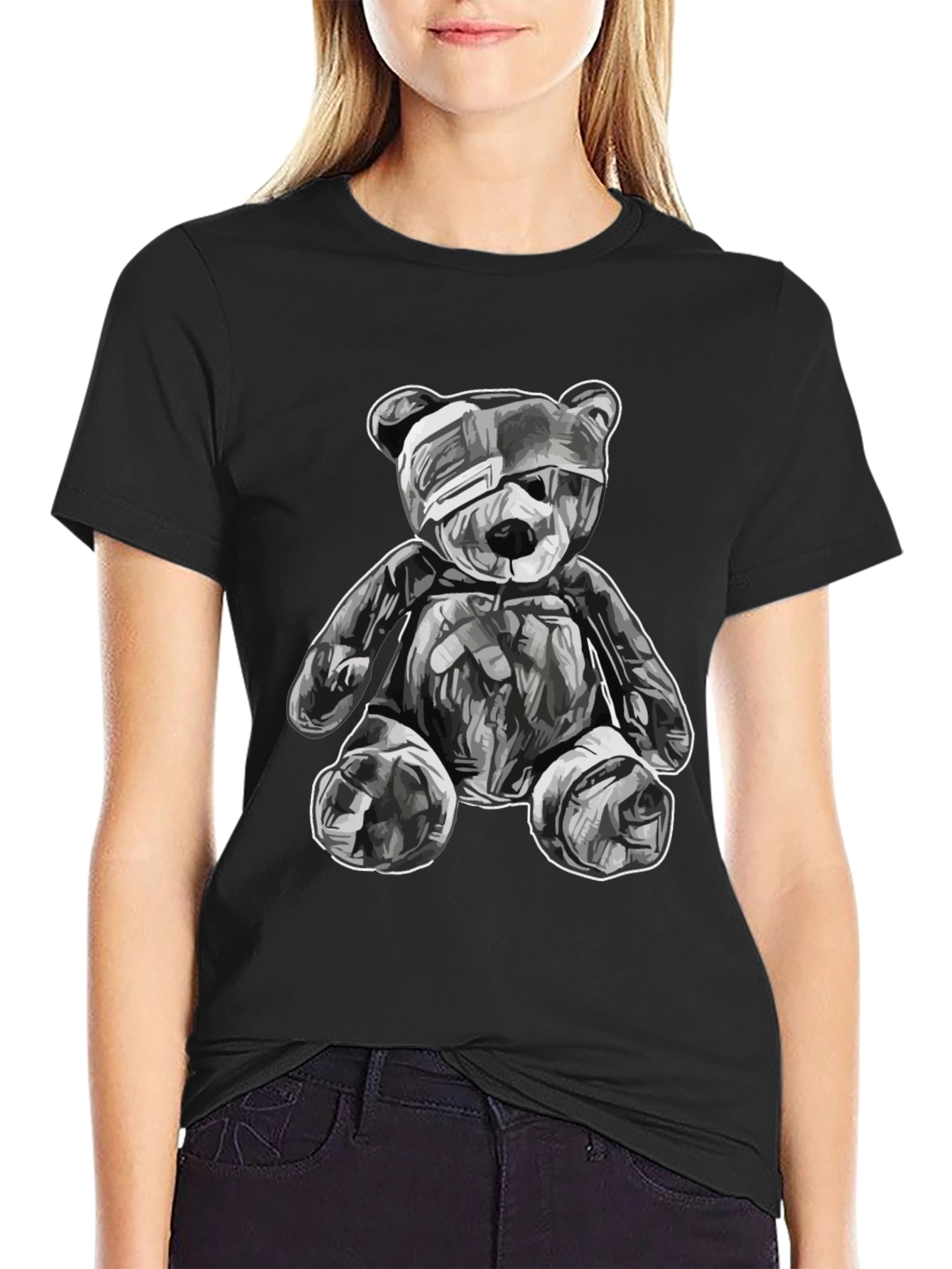 Black T-Shirt with Graphic Teddy Bear Design