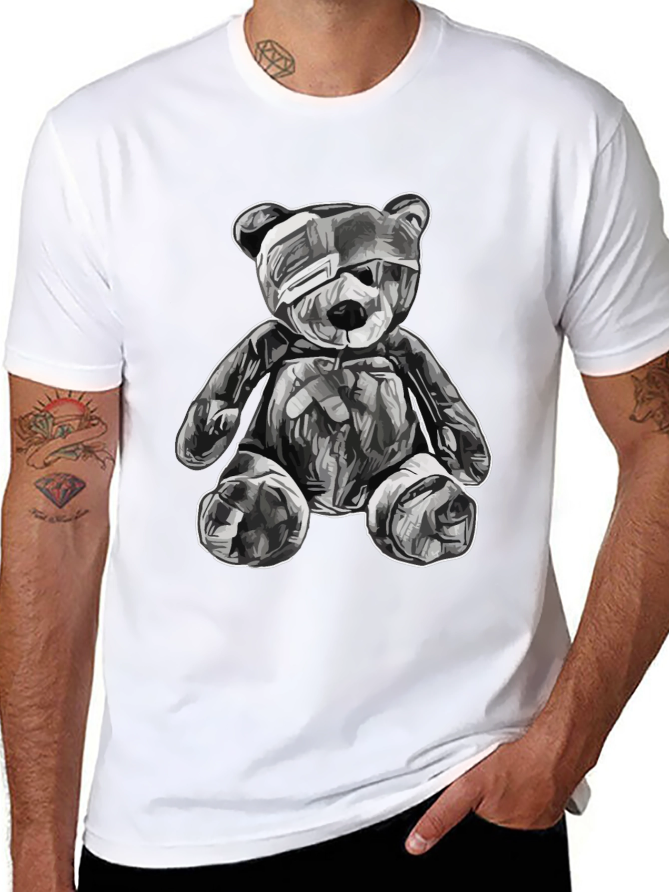 Black T-Shirt with Graphic Teddy Bear Design