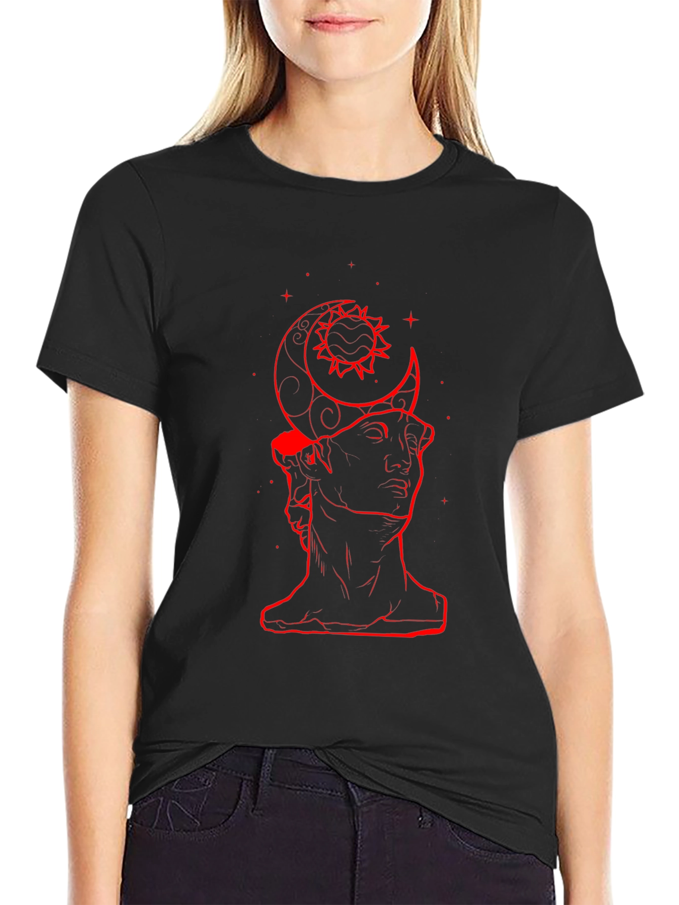 Moon Sun Statue Graphic Black T-Shirt