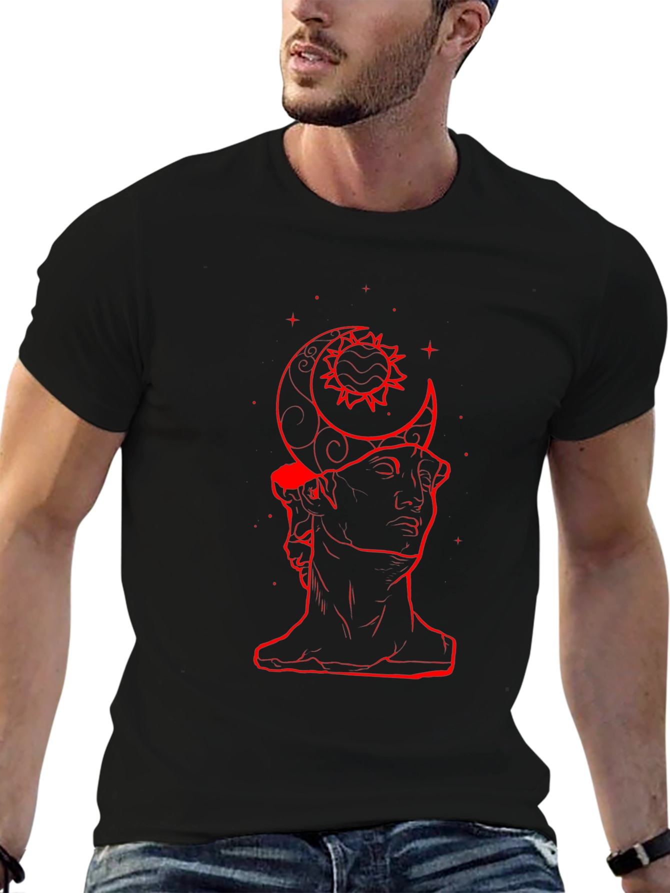 Moon Sun Statue Graphic Black T-Shirt