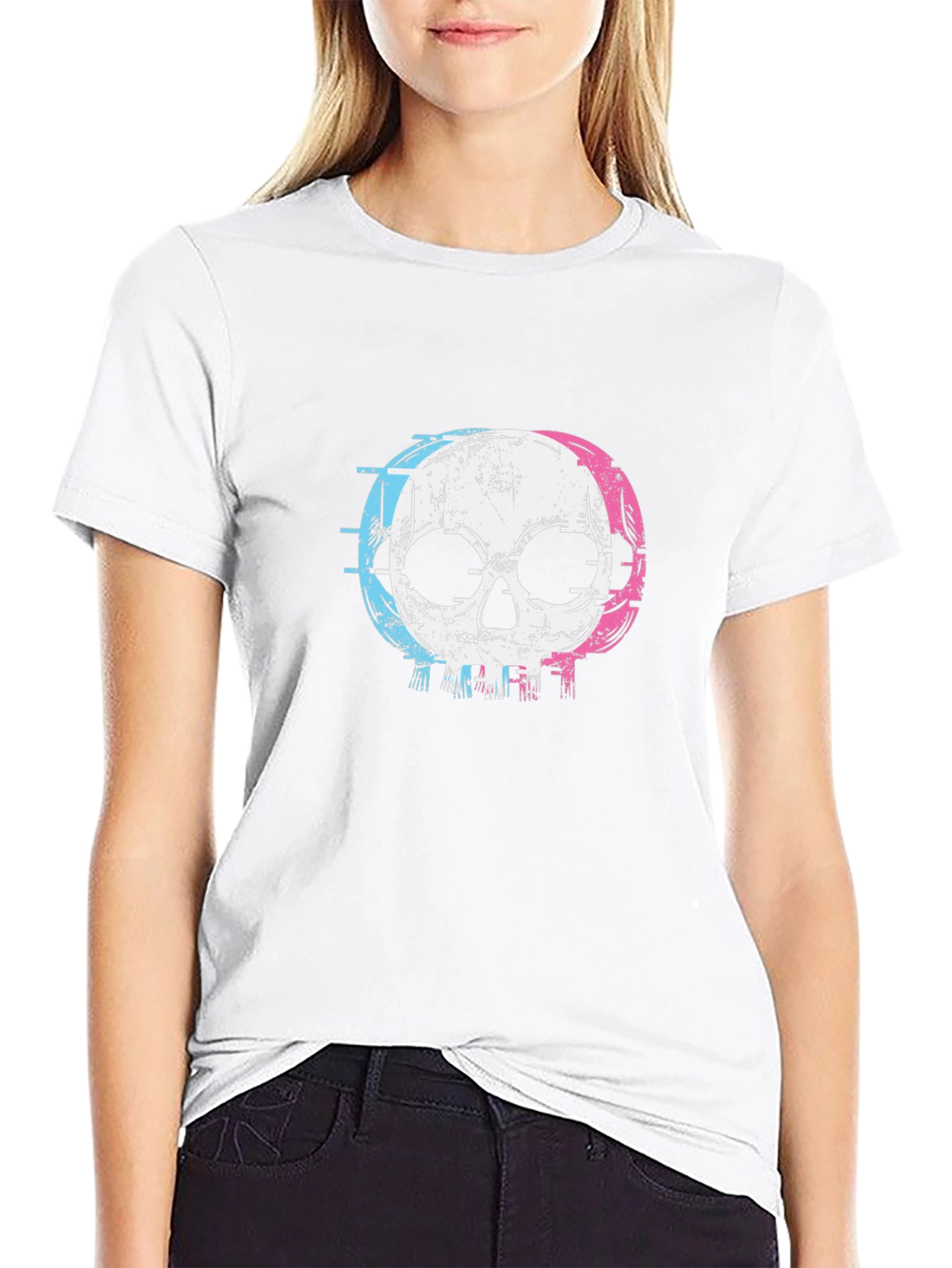 Skull Graphic T-Shirt - Glitch Style Black Cotton Tee