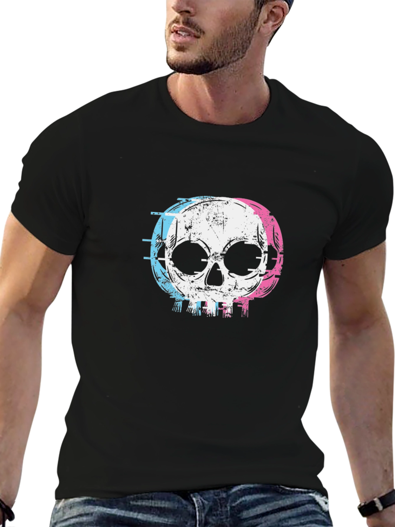 Skull Graphic T-Shirt - Glitch Style Black Cotton Tee