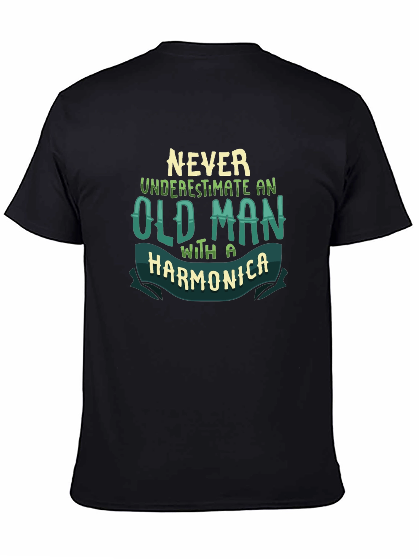 Never Underestimate Old Man With Harmonica Black T-Shirt