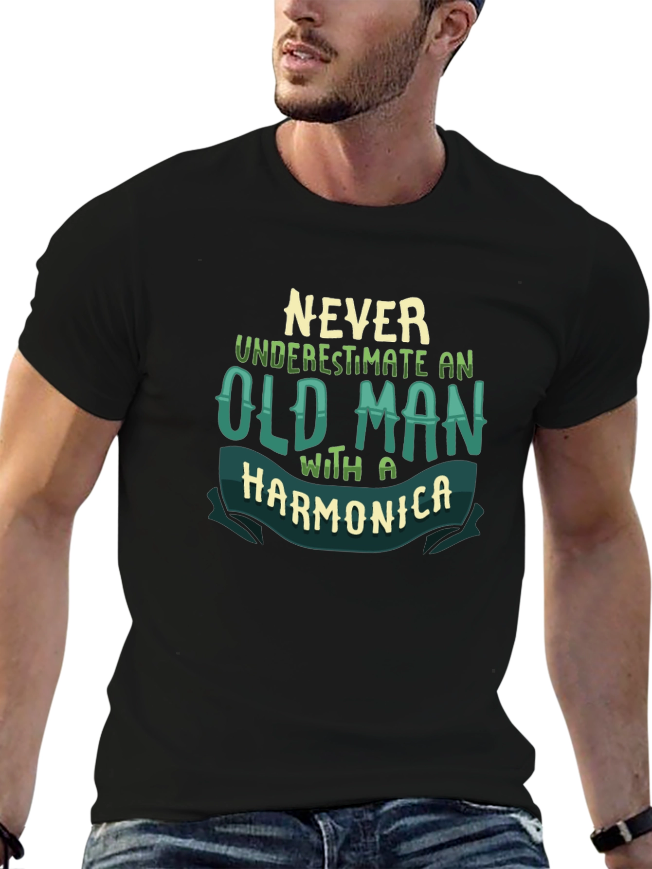 Never Underestimate Old Man With Harmonica Black T-Shirt