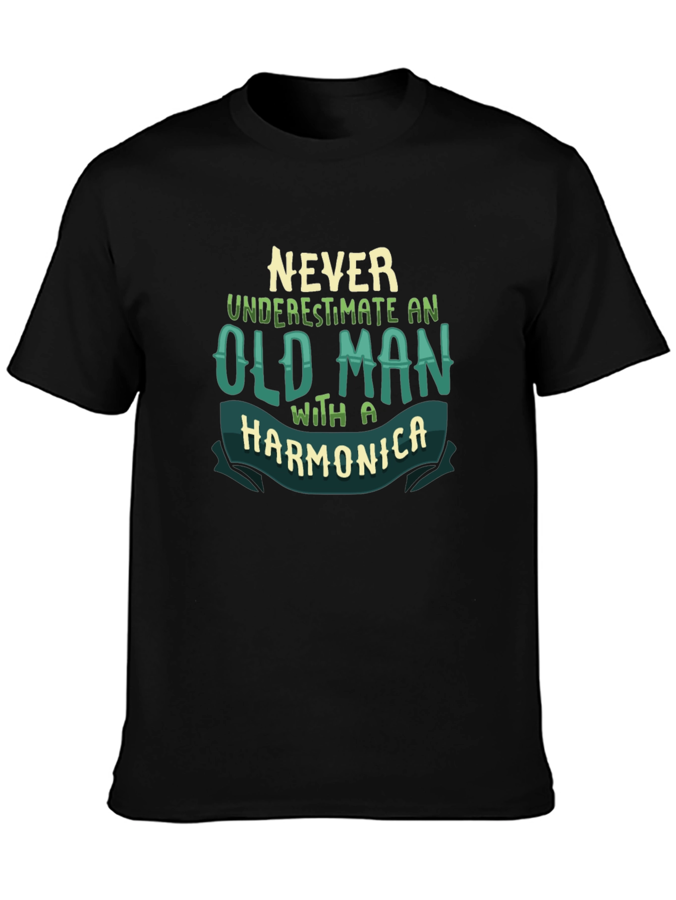 Never Underestimate Old Man With Harmonica Black T-Shirt