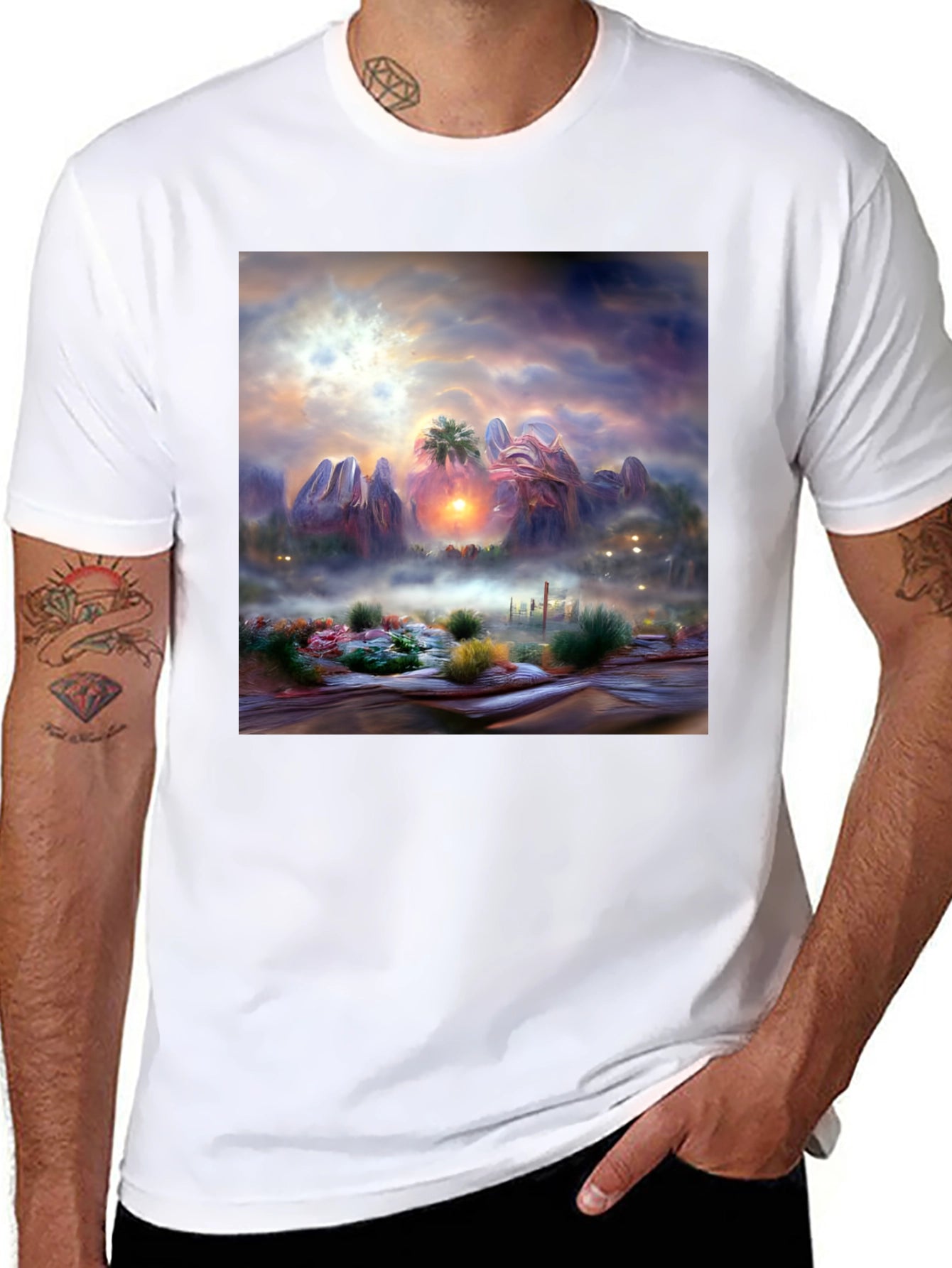 Sunset Desert Graphic Tee - Artistic Mens Shirt