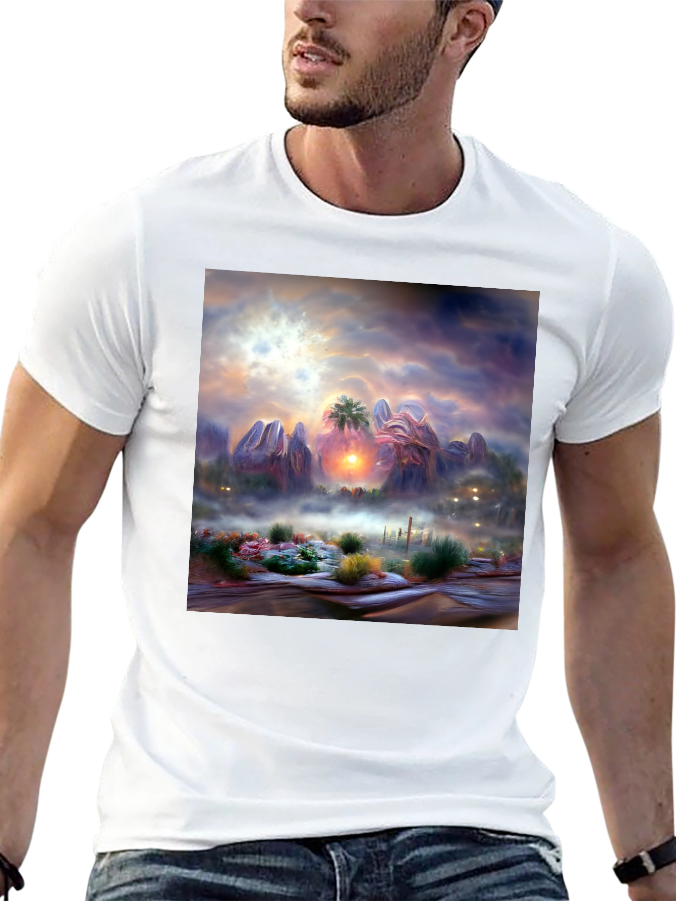 Sunset Desert Graphic Tee - Artistic Mens Shirt