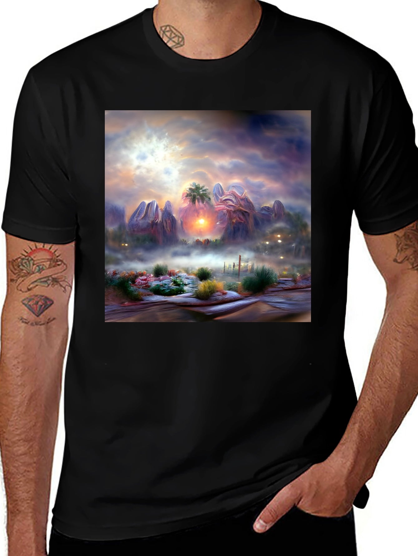 Sunset Desert Graphic Tee - Artistic Mens Shirt