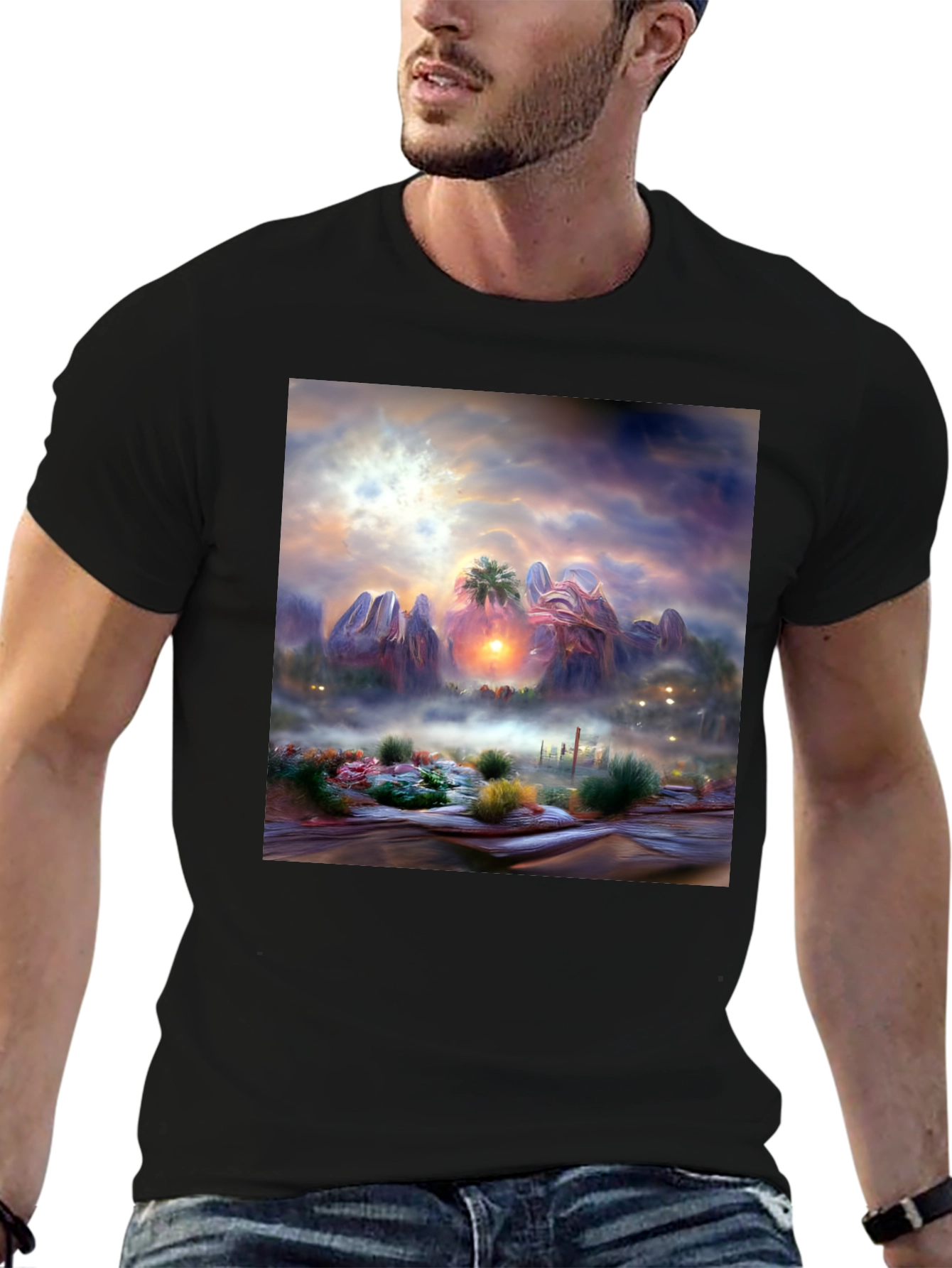 Sunset Desert Graphic Tee - Artistic Mens Shirt