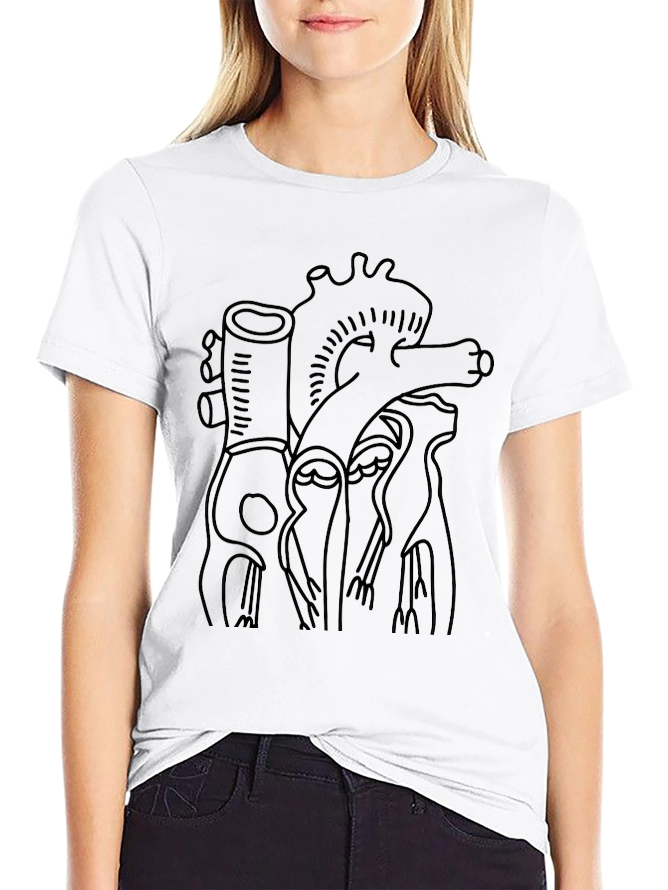Anatomical Heart Line Art Black T-Shirt