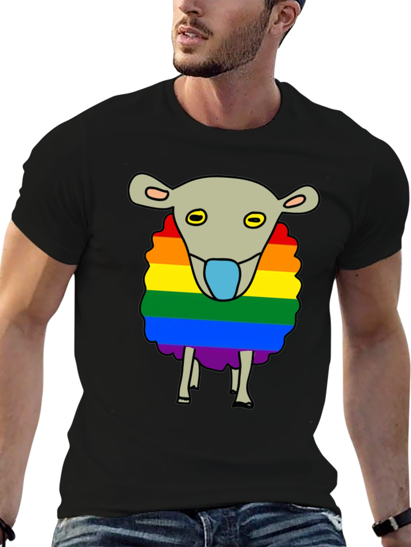 Rainbow Sheep Graphic T-Shirt - Black Cotton Blend