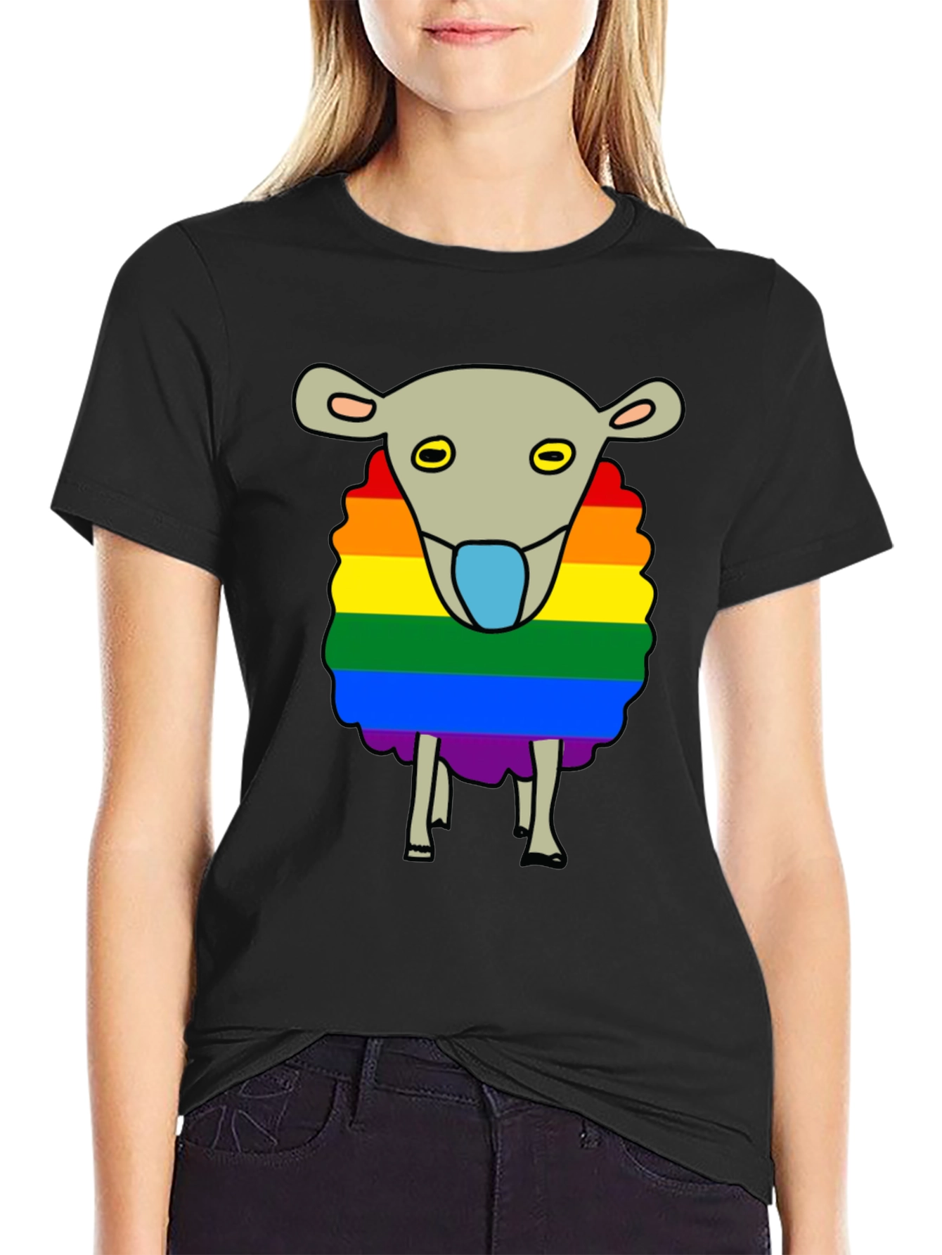Rainbow Sheep Graphic T-Shirt - Black Cotton Blend