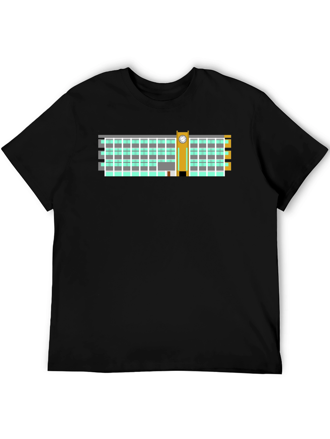 Clock Tower Building Graphic Tee - Black Cotton T-Shirt