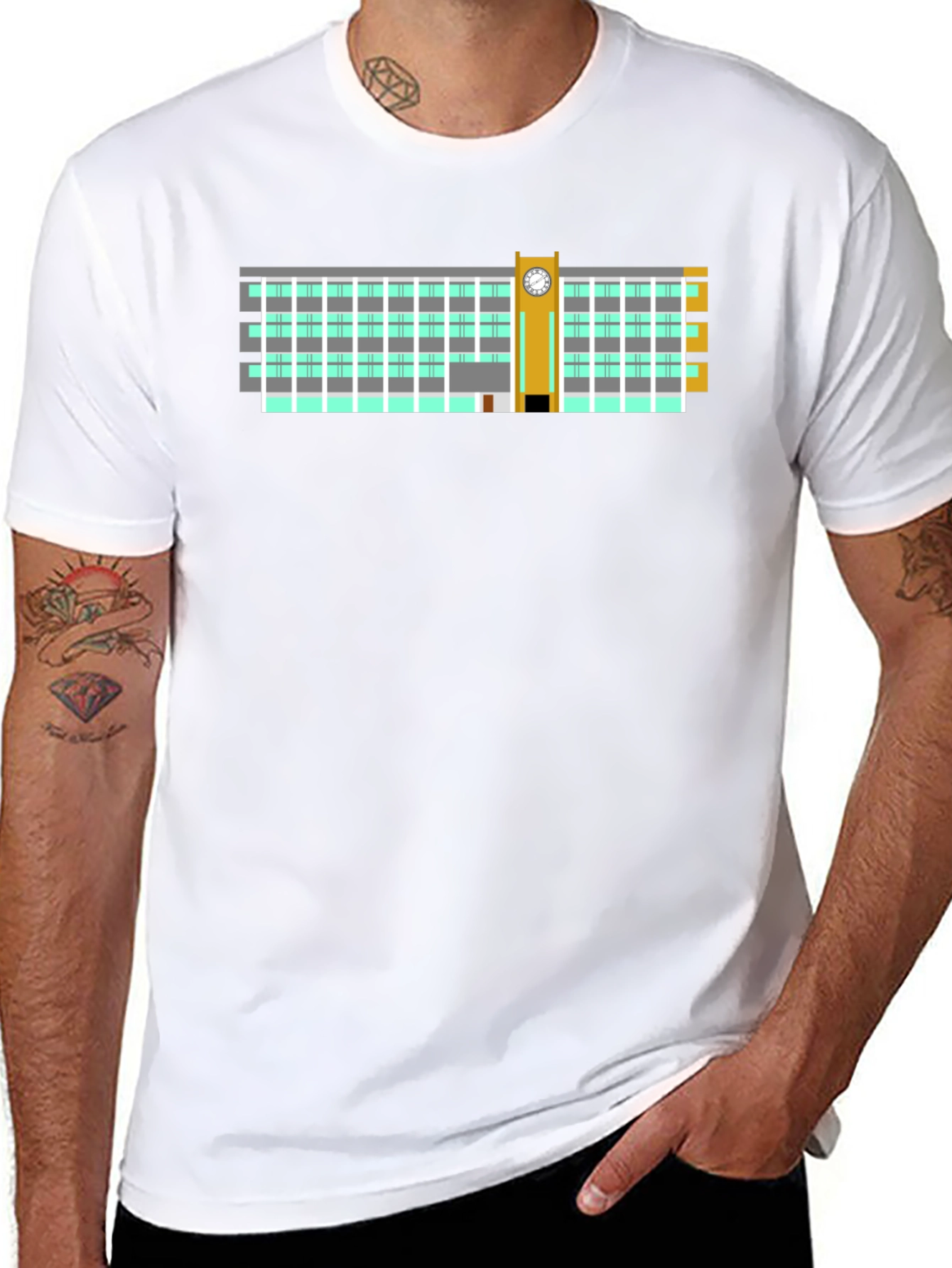 Clock Tower Building Graphic Tee - Black Cotton T-Shirt