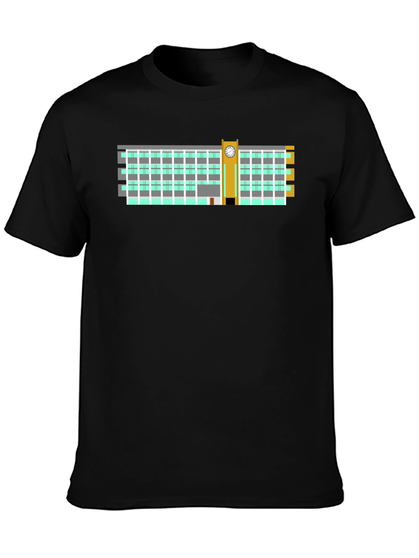Clock Tower Building Graphic Tee - Black Cotton T-Shirt