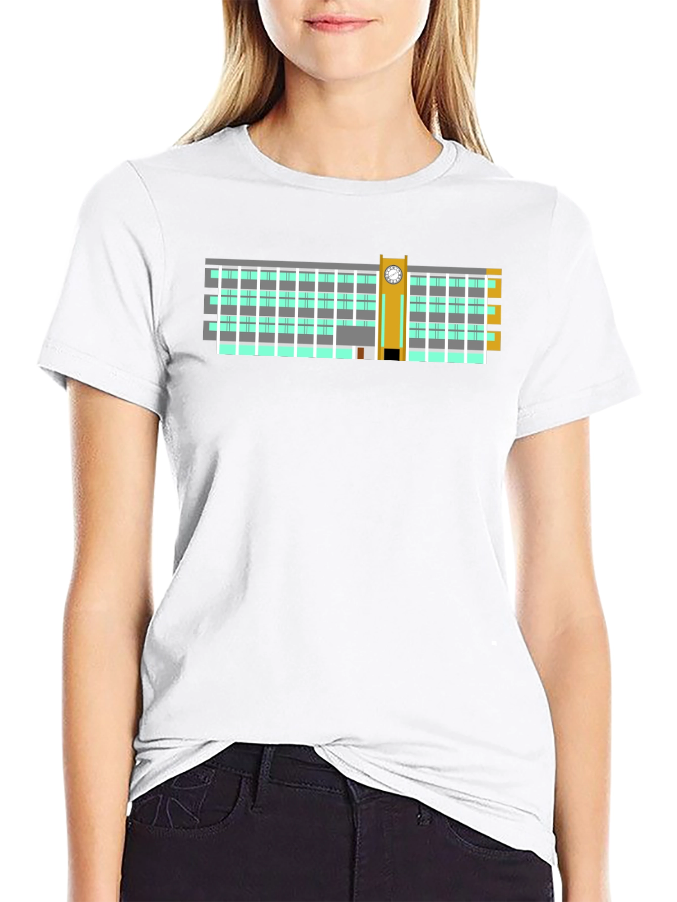 Clock Tower Building Graphic Tee - Black Cotton T-Shirt
