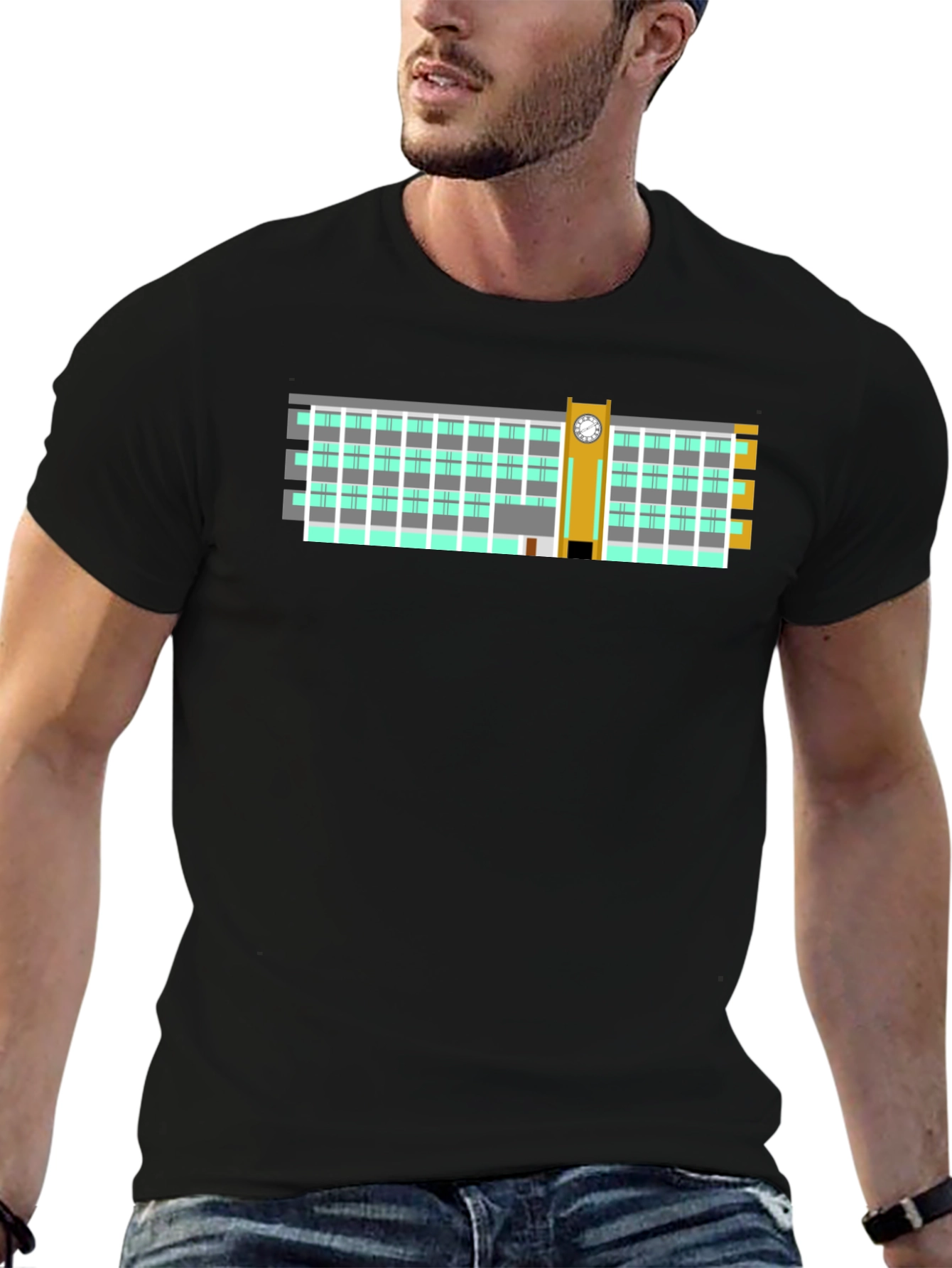 Clock Tower Building Graphic Tee - Black Cotton T-Shirt