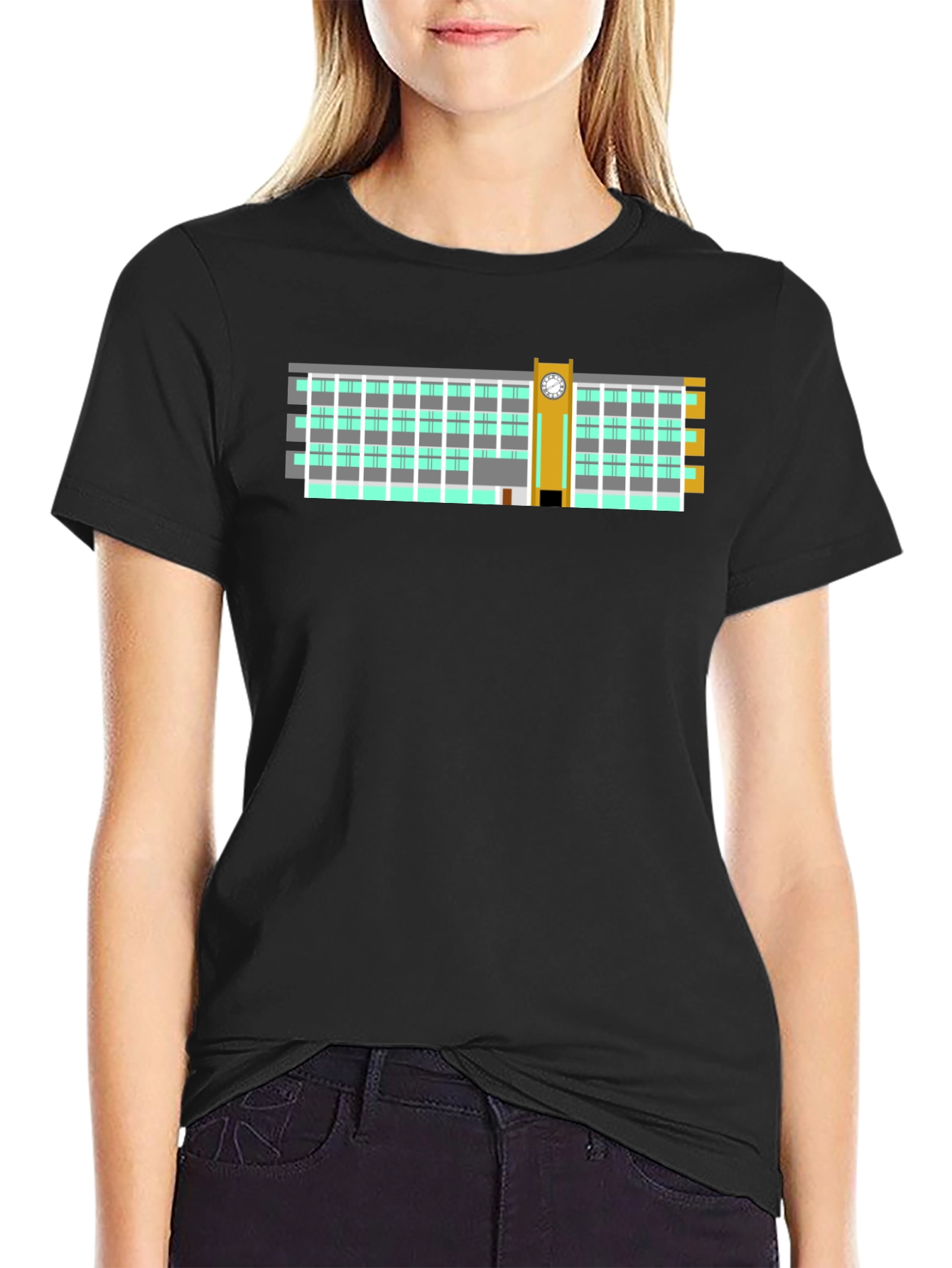 Clock Tower Building Graphic Tee - Black Cotton T-Shirt