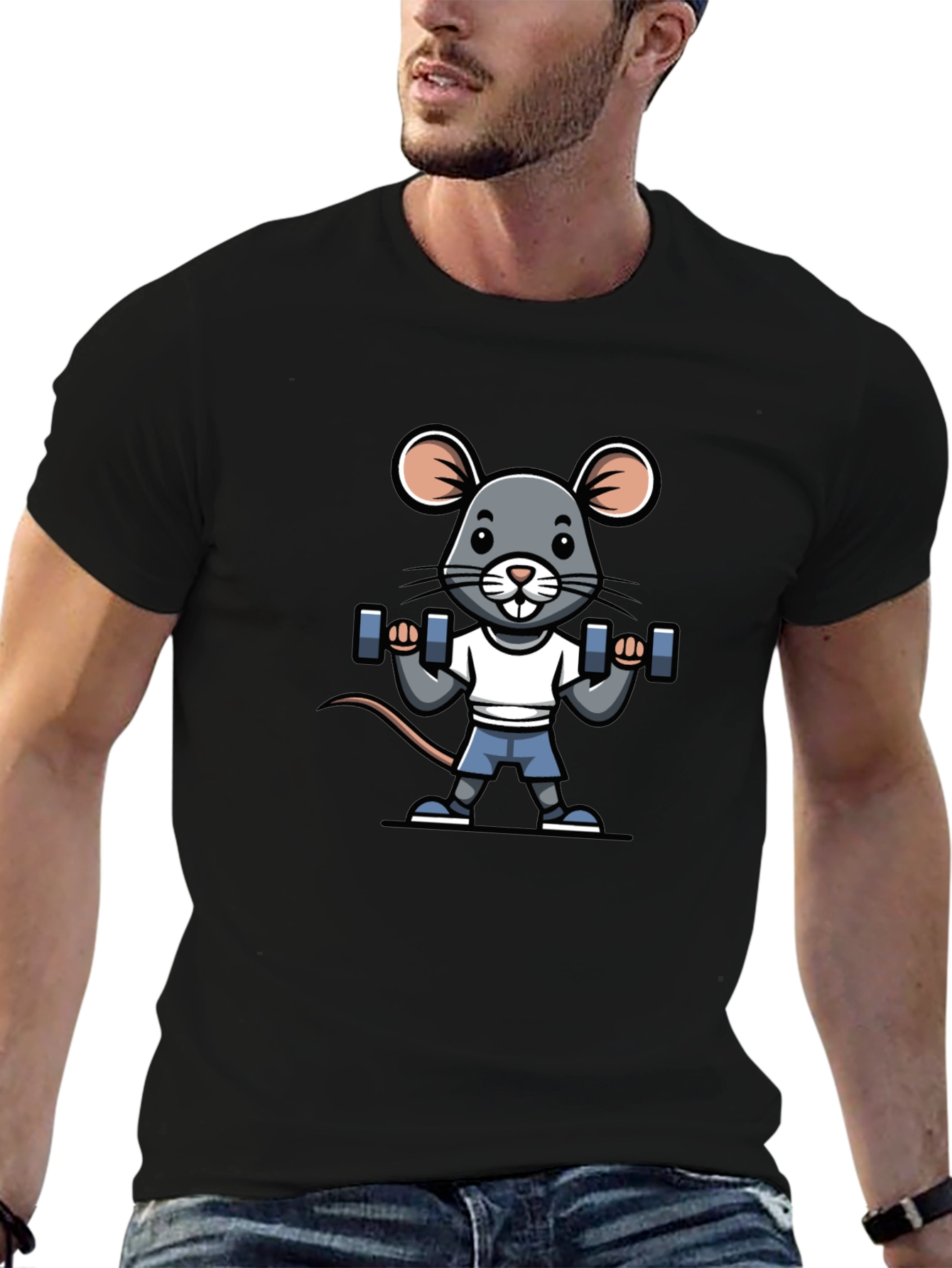 Mouse Lifting Weights Graphic Tee - Black Cotton