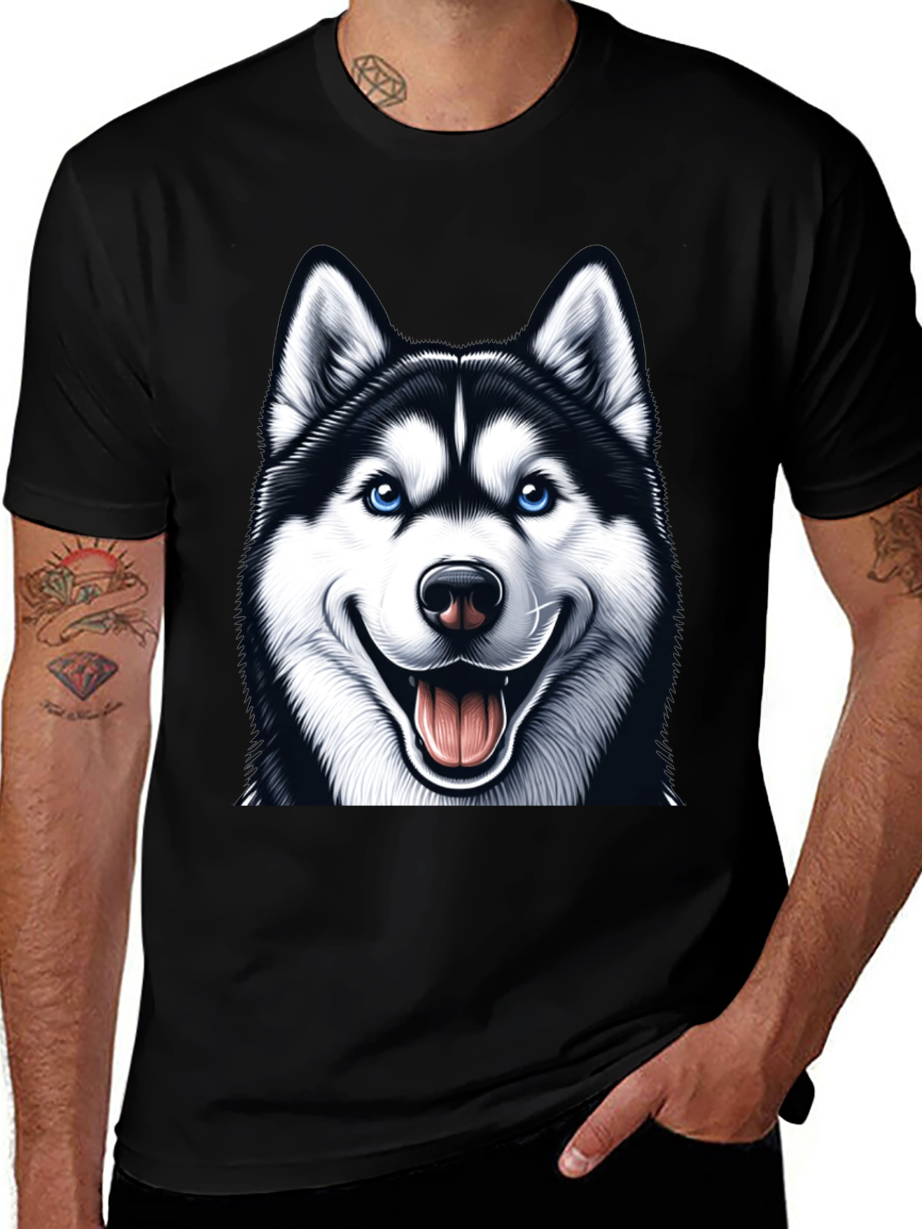 Husky Dog Graphic Tee - Black Cotton Blend
