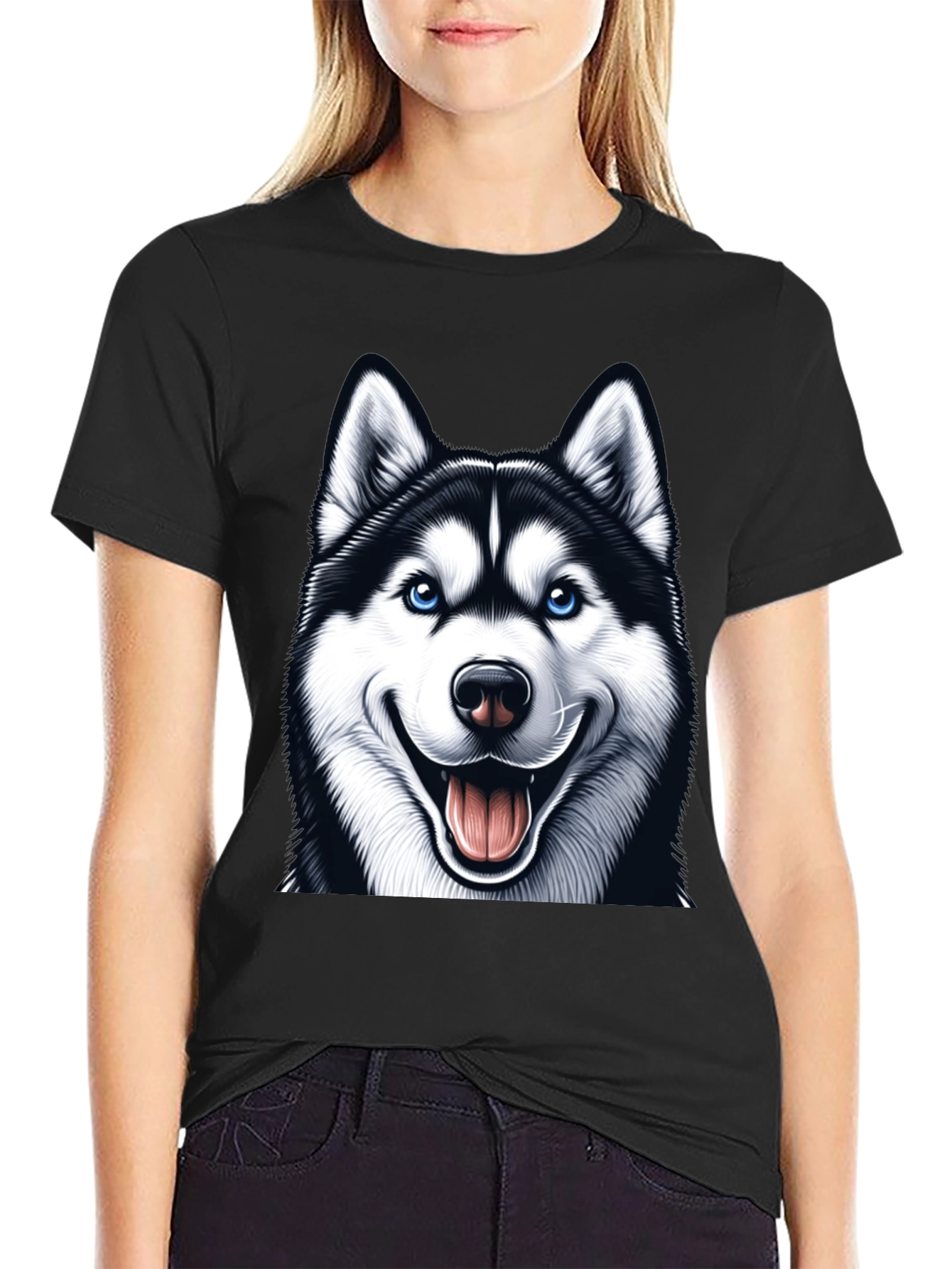 Husky Dog Graphic Tee - Black Cotton Blend