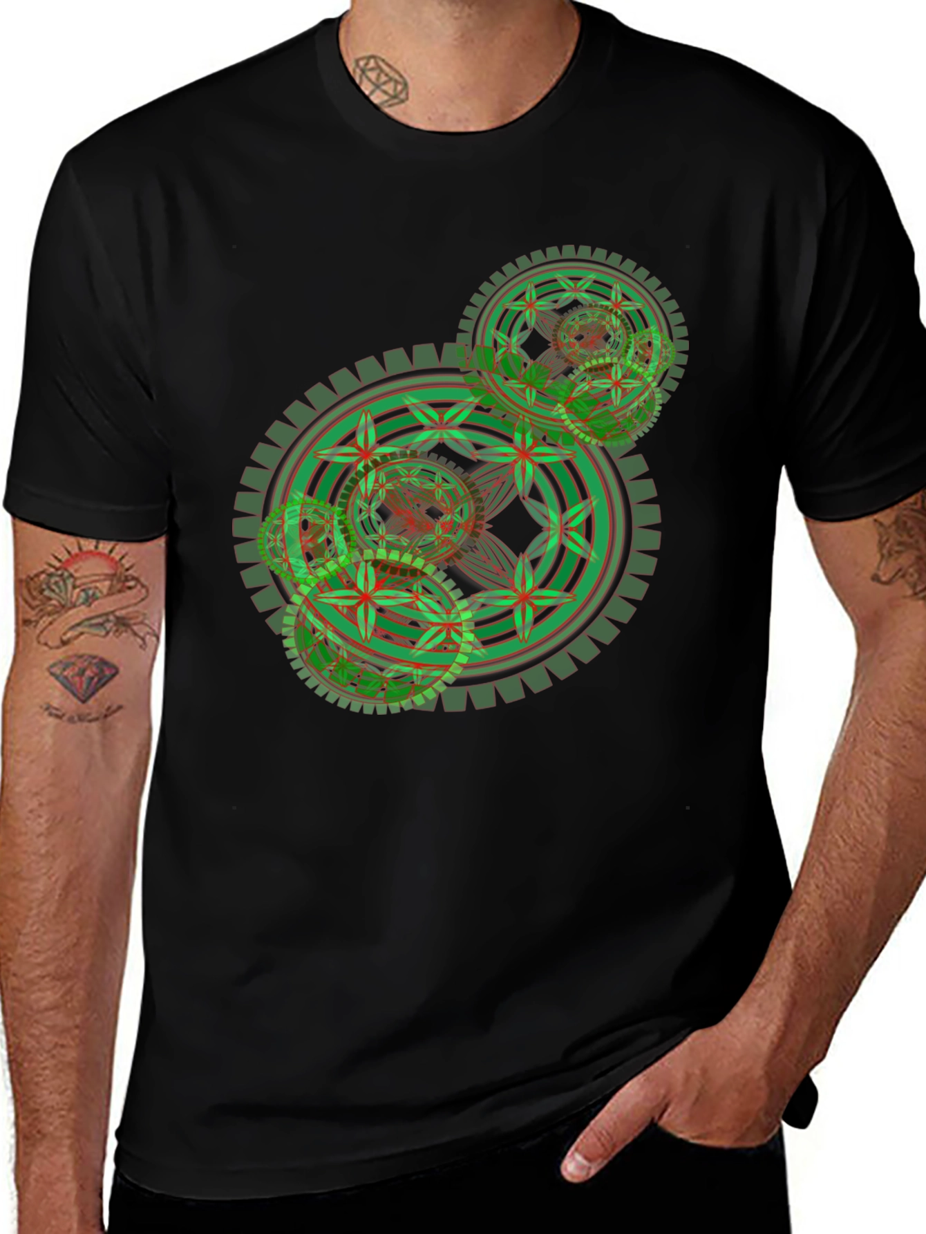 Geometric Gear Design Black T-Shirt