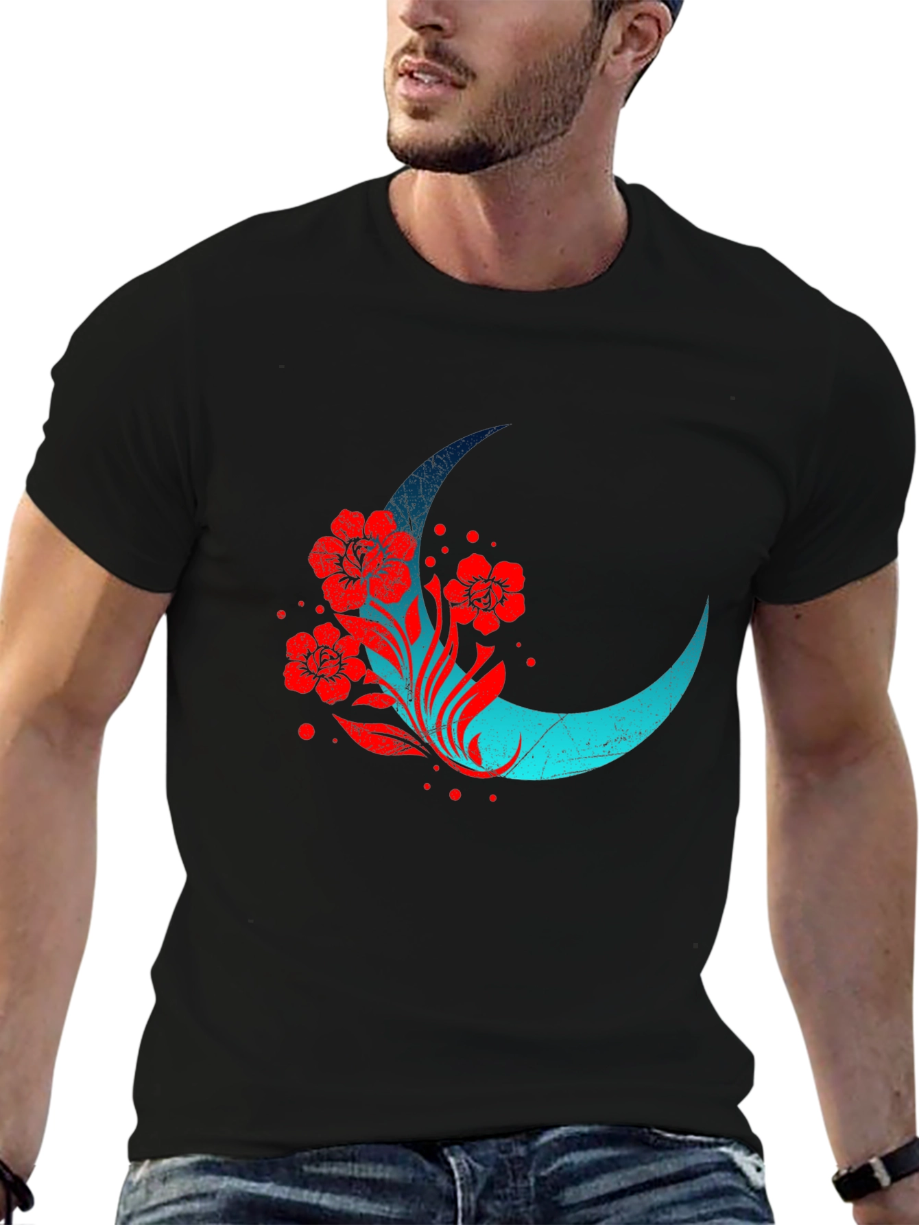 Crescent Moon Floral Graphic Tee - Black