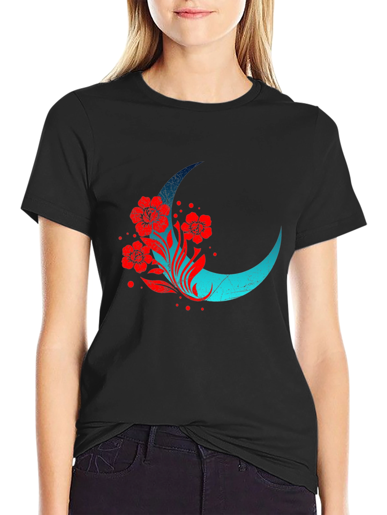 Crescent Moon Floral Graphic Tee - Black