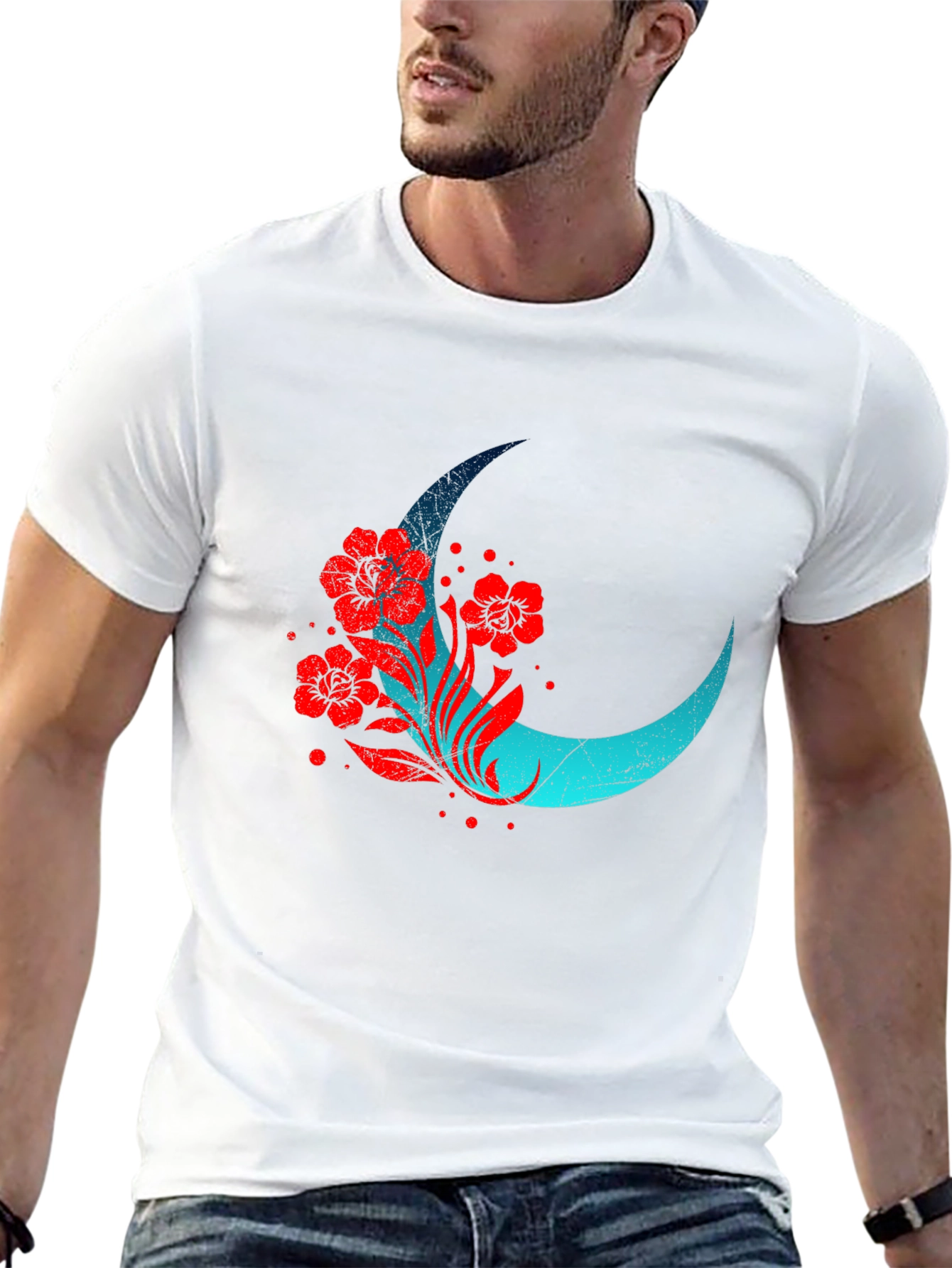 Crescent Moon Floral Graphic Tee - Black