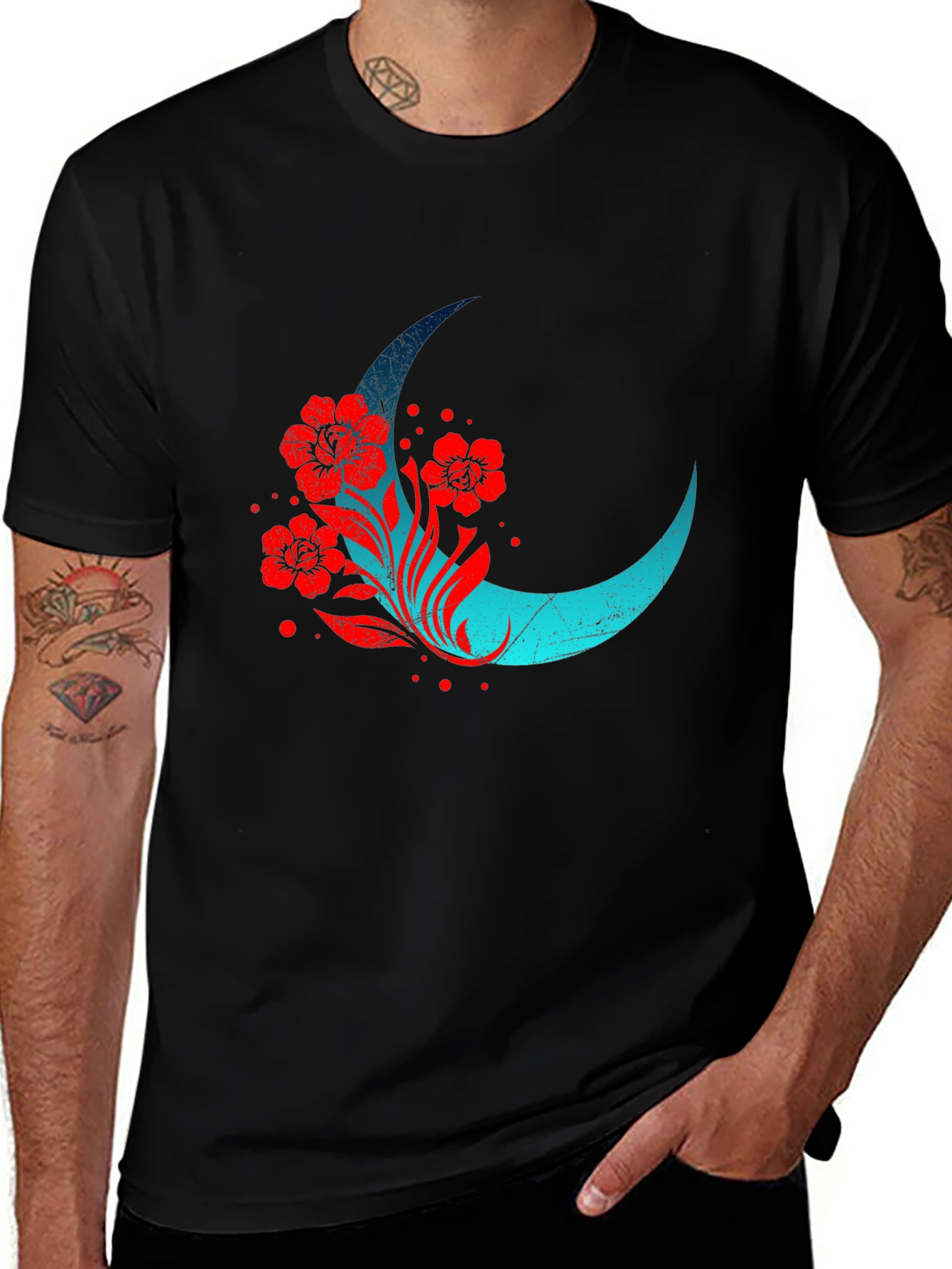 Crescent Moon Floral Graphic Tee - Black