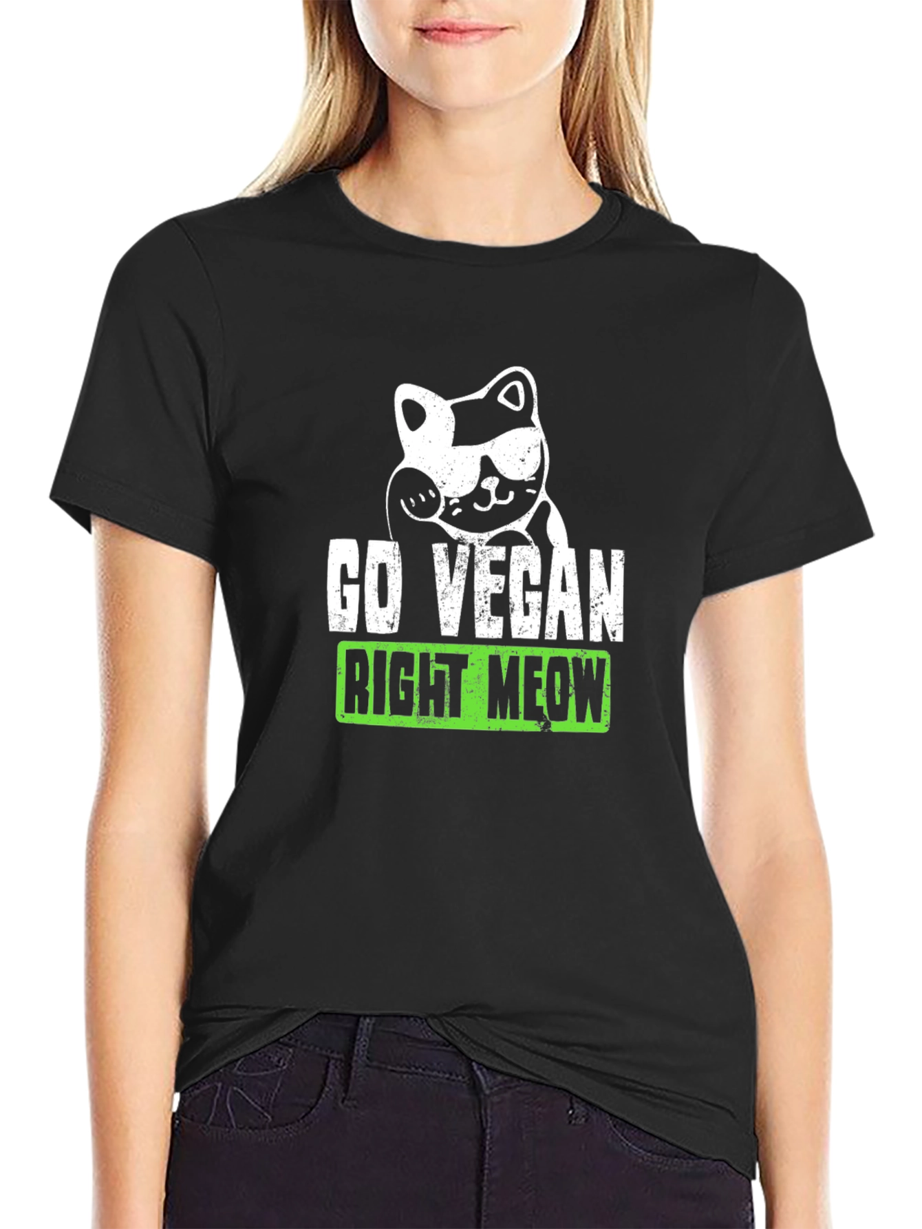 Go Vegan Right Meow Graphic Tee - Black
