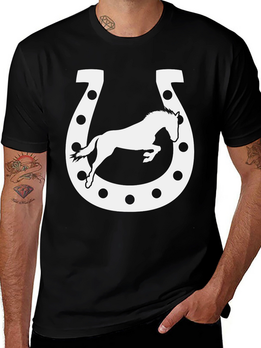 Horse & Horseshoe Graphic Tee - Black Cotton T-Shirt