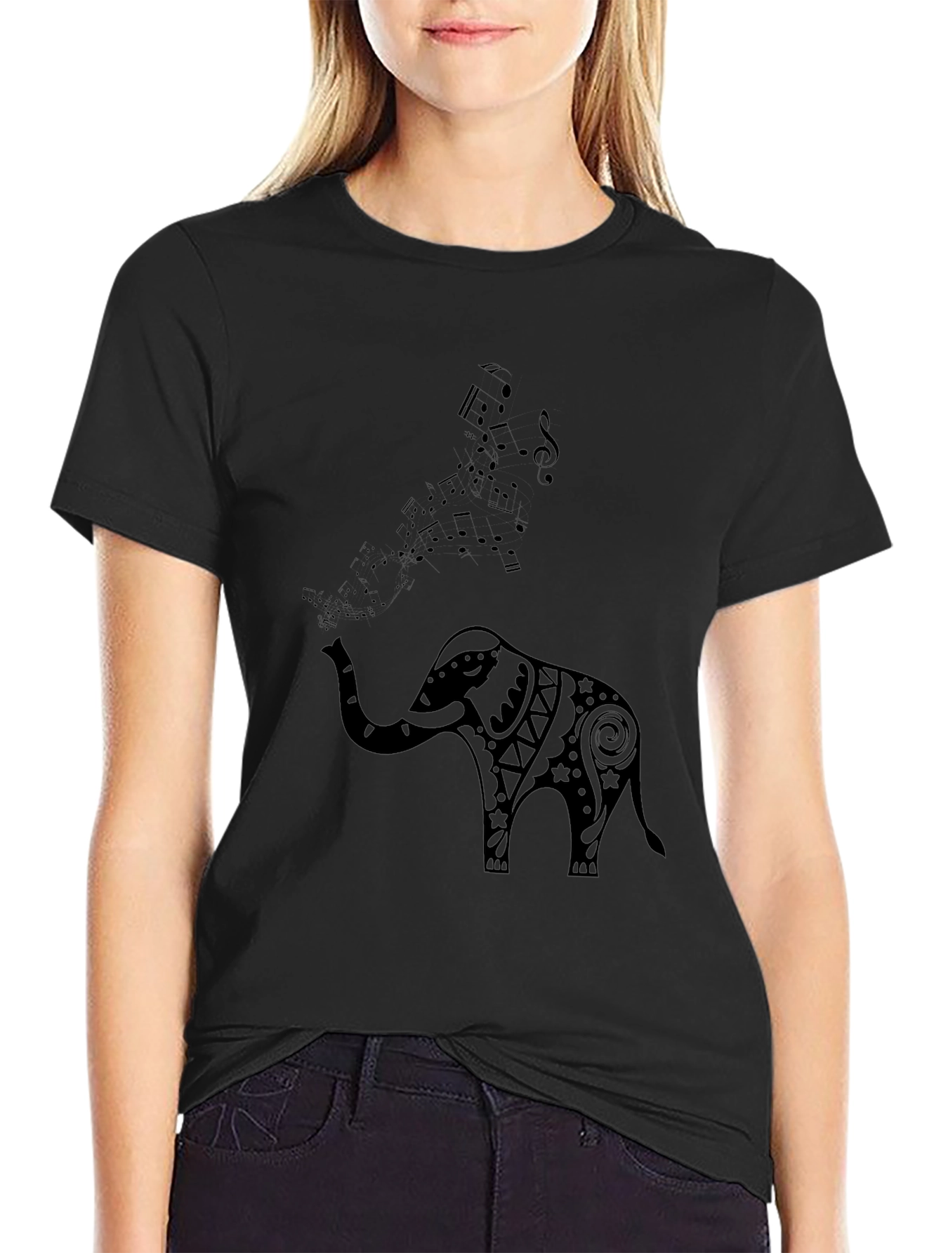 Elephant Music Notes Mens Black Graphic Tee