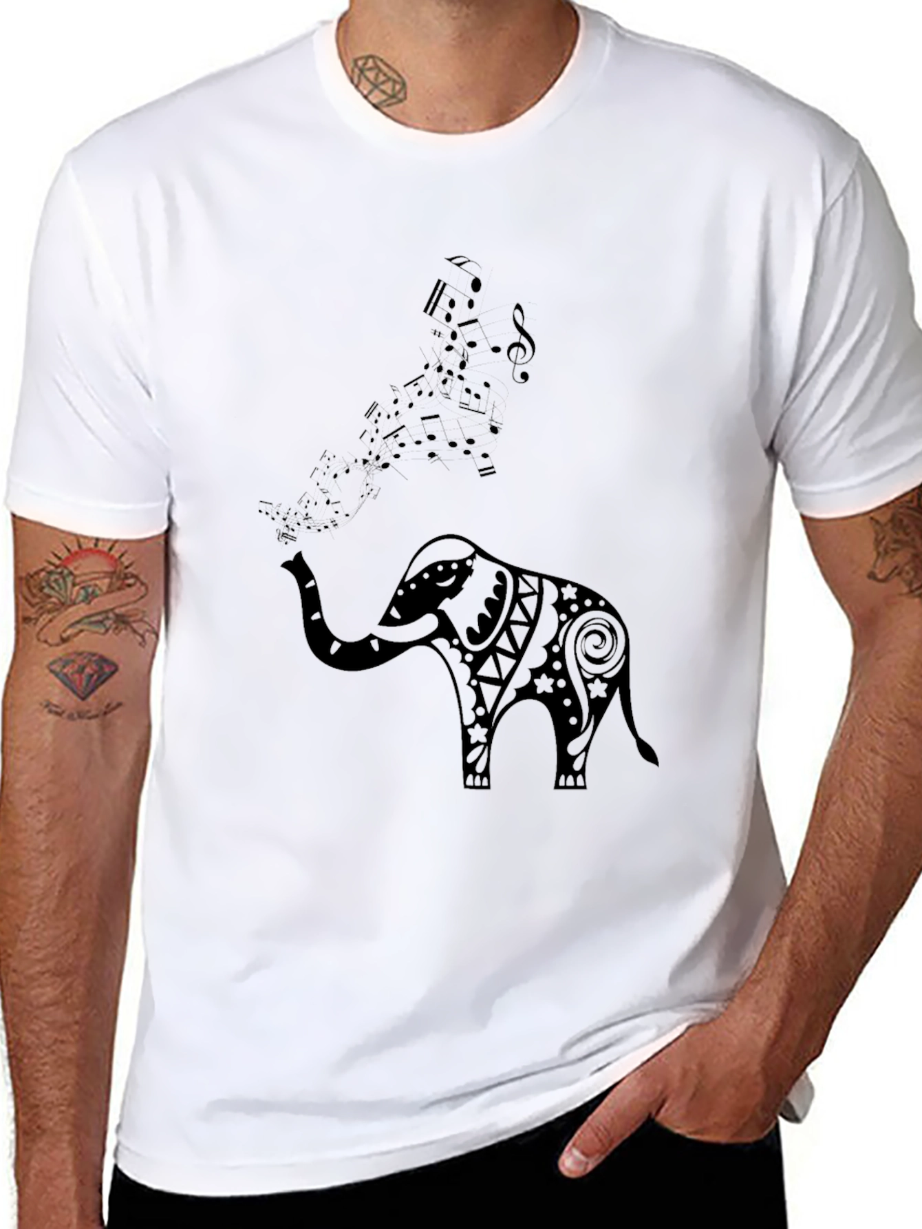 Elephant Music Notes Mens Black Graphic Tee