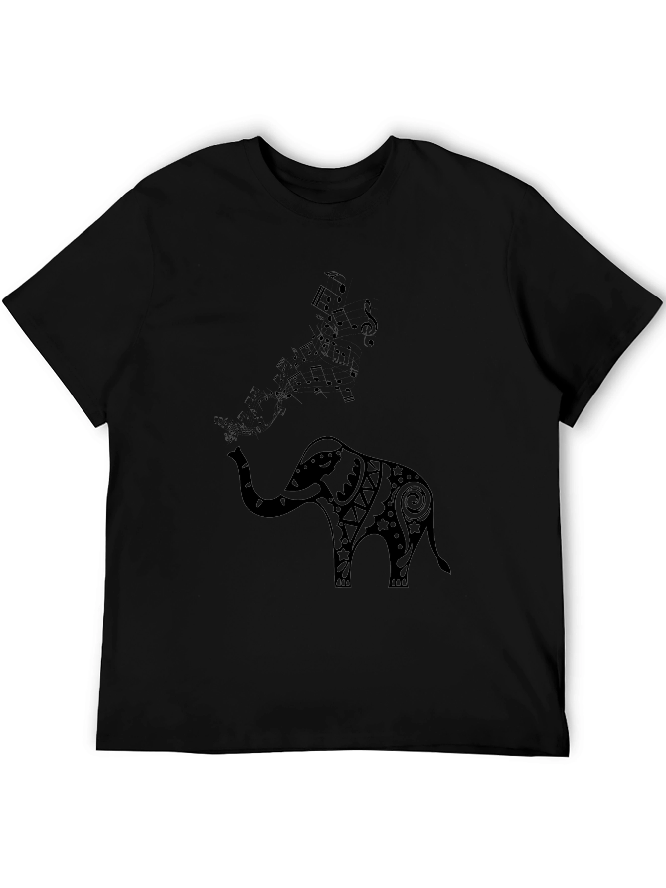 Elephant Music Notes Mens Black Graphic Tee