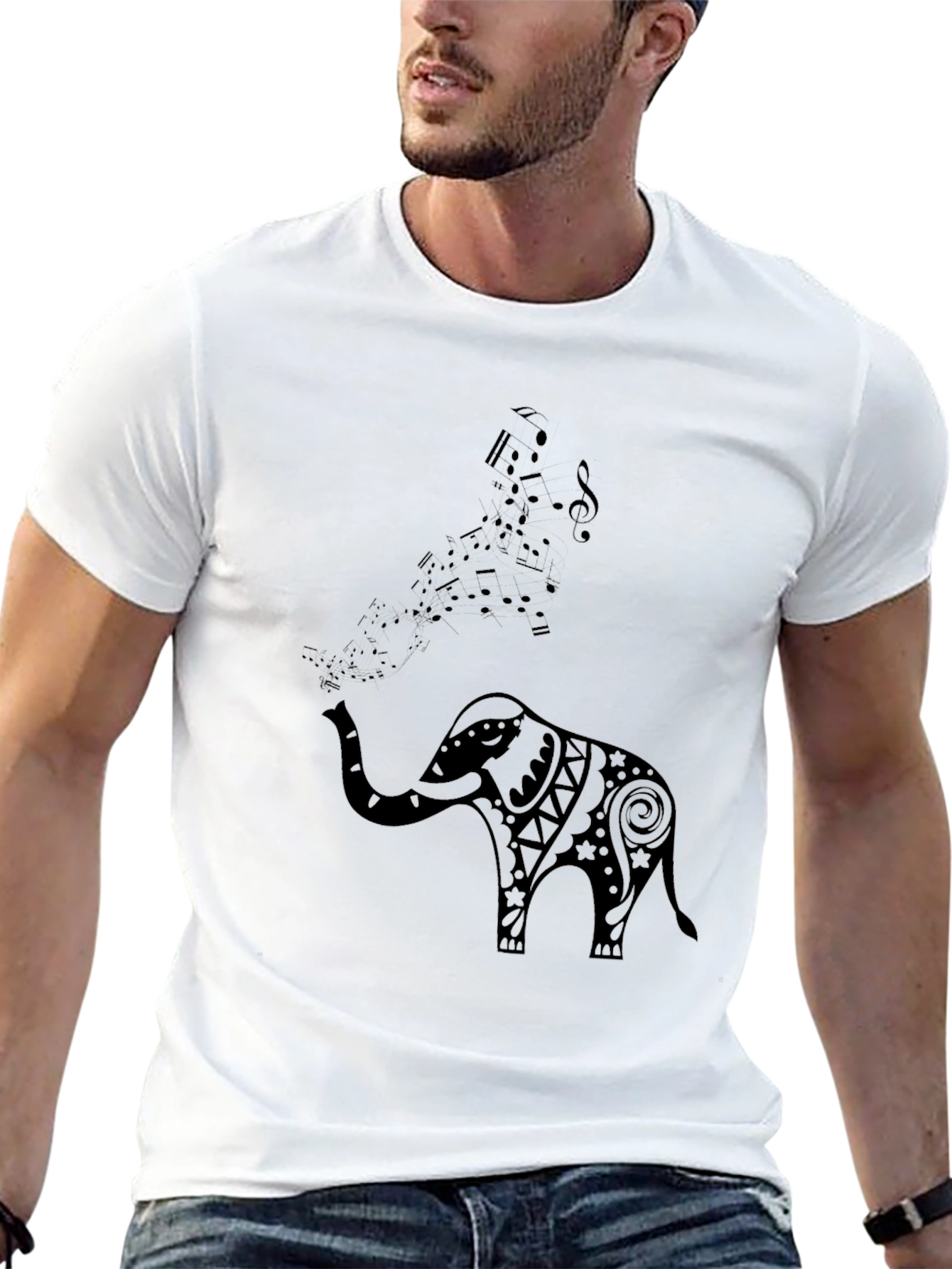Elephant Music Notes Mens Black Graphic Tee